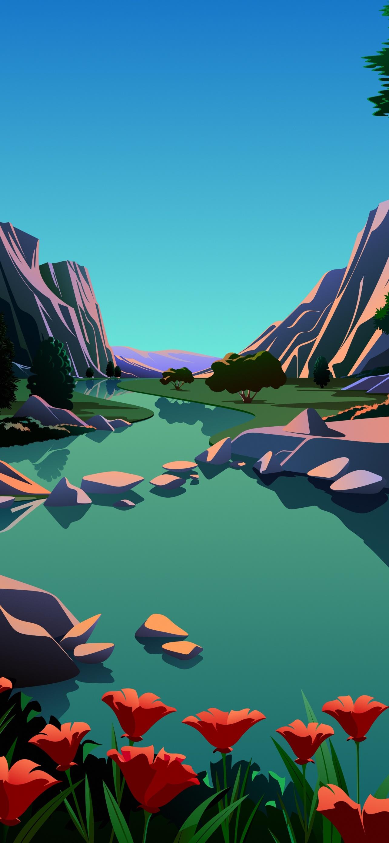 1284x2778 Lake Wallpaper 4K, Mountains, Rocks, Evening, Scenery, Illustration, Nature