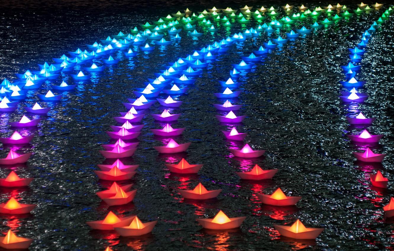 1332x850 Wallpaper Rainbow, Lights, Colors, Boats, Paper Boats image for desktop, section разное
