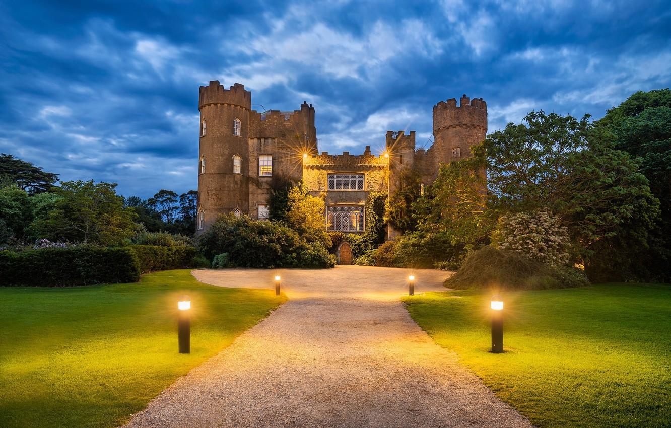 1332x850 Wallpaper Park, castle, lights, track, Malahide Castle, County Dublin image for desktop, section город