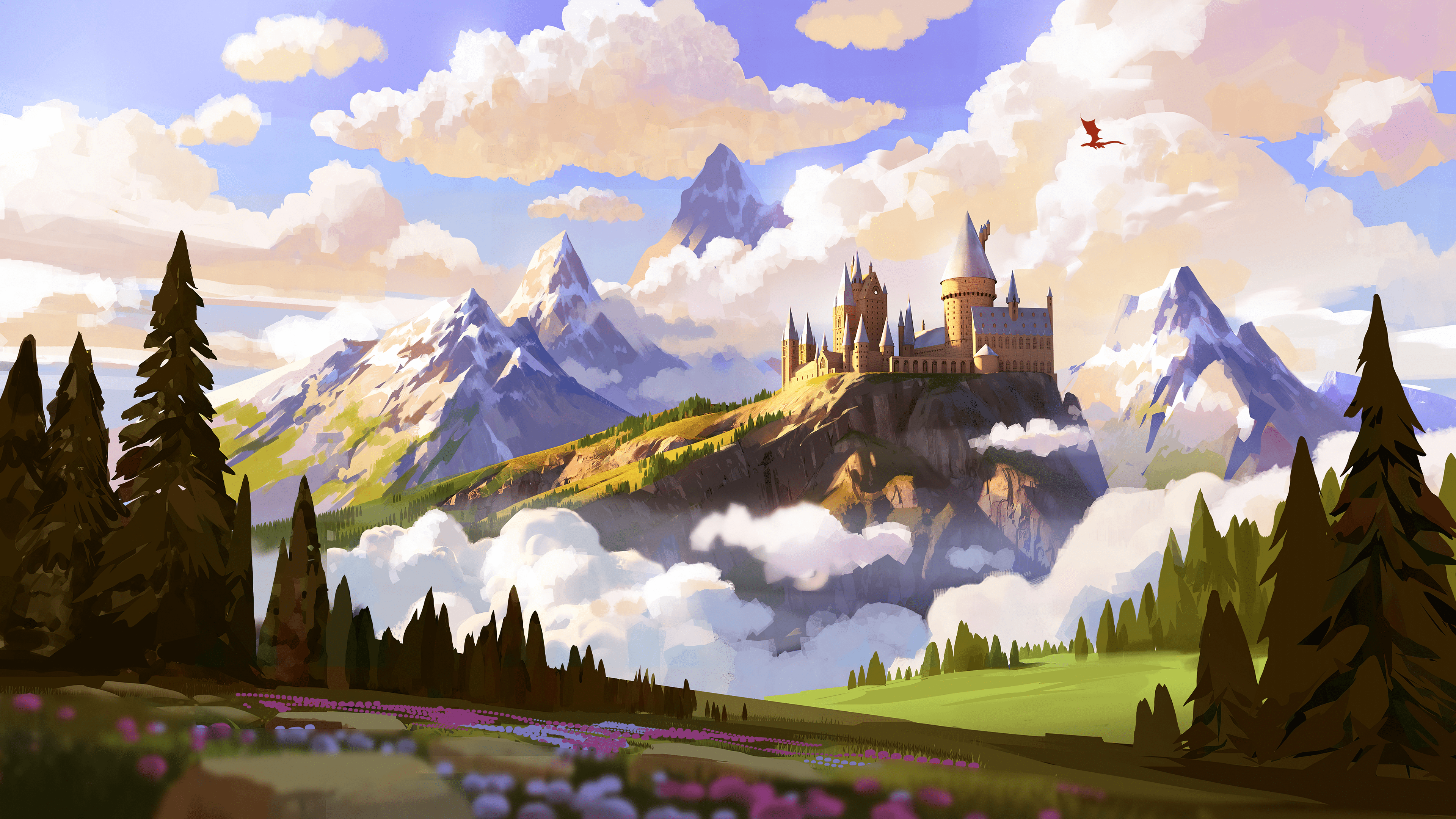 3840x2160 Hogwarts Harry Potter Digital Art Clouds Trees Mountains Castle Fantasy Art Wallpaper:3840x2160