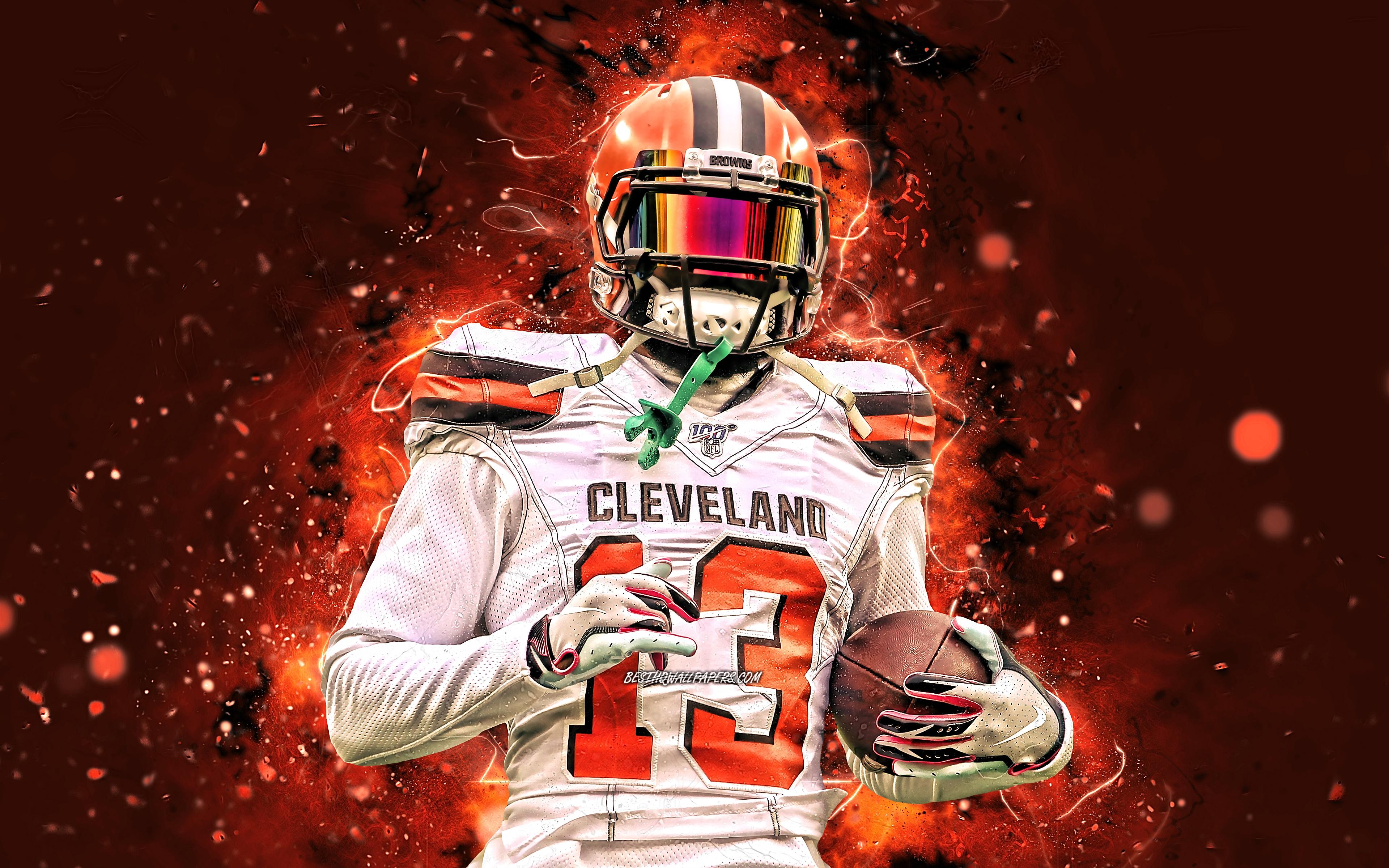 3840x2400 Download wallpaper 4k, Odell Beckham, Cleveland Browns, american football, wide receiver, NFL, Odell Beckham Jr, National Football League, Odell Beckham 4K, orange neon lights, Odell Beckham Cleveland Browns for desktop with