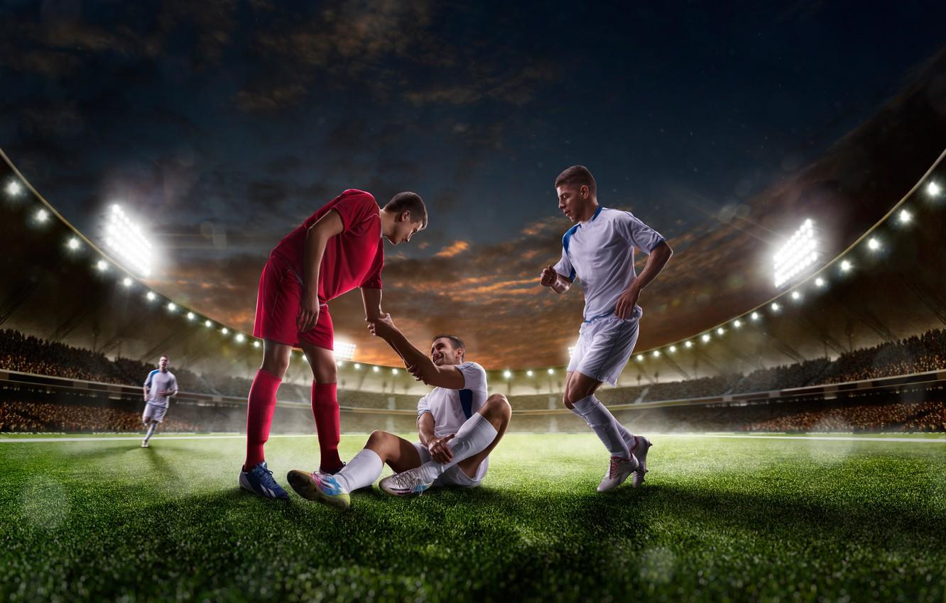 1332x850 Wallpaper field, the sky, grass, night, lights, lawn, football, uniform, tribune, stadium, athletes, floodlight, players image for desktop, section спорт
