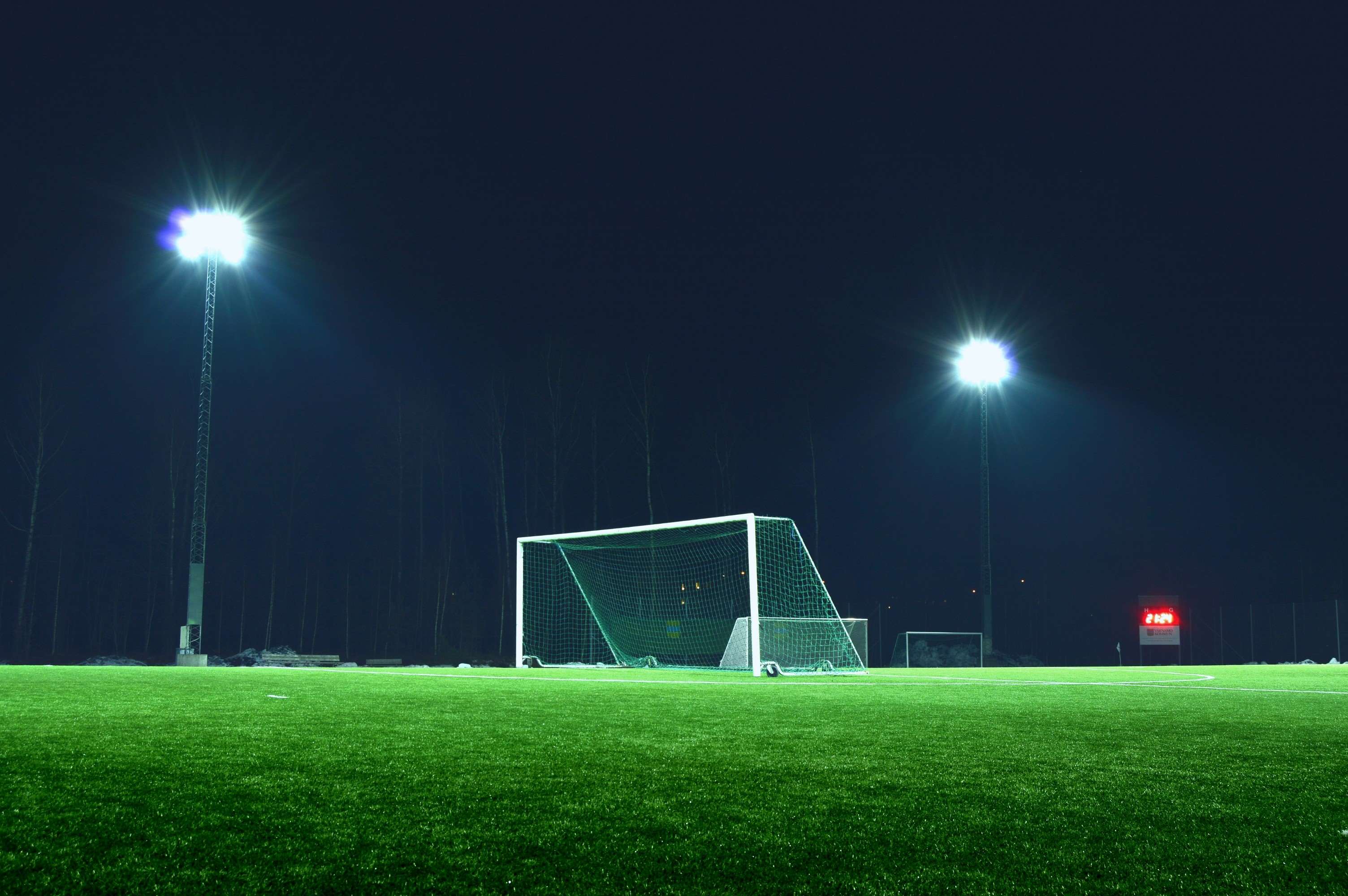 3008x2000 evening, field, football, goal, grass, green, light, lights, night, outdoors, outside, sweden wallpaper