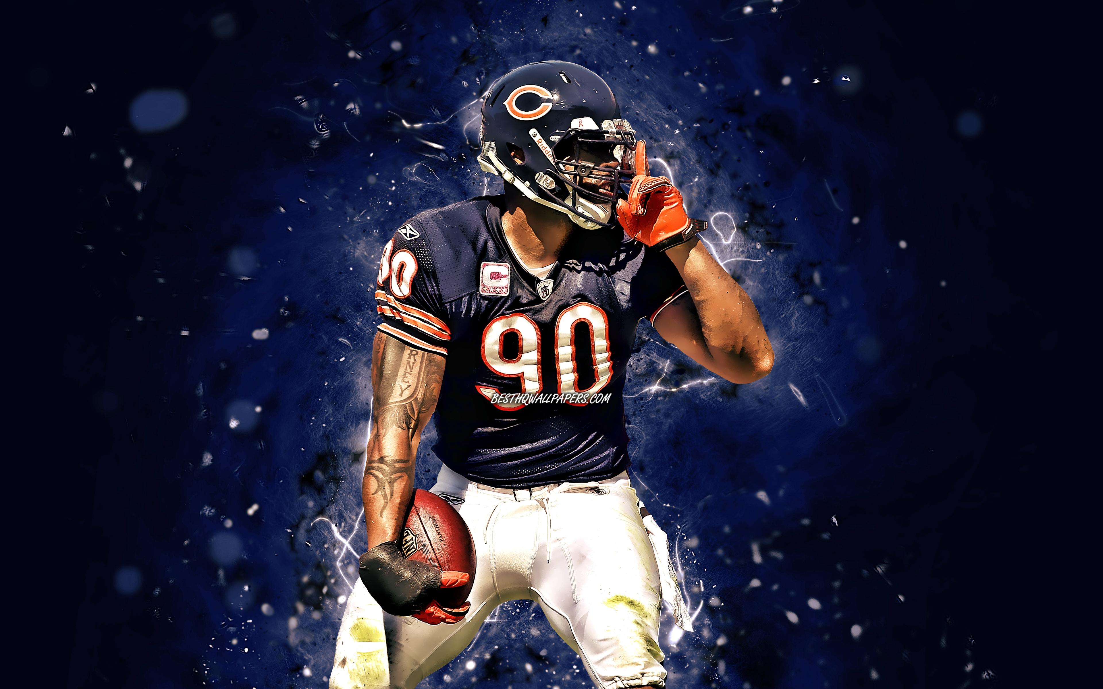 3840x2400 Download wallpaper Angelo Blackson, 4k, defensive end, Chicago Bears, american football, NFL, blue neon lights, Angelo Blackson Chicago Bears, Angelo Blackson 4K for desktop with resolution 3840x2400. High Quality HD picture wallpaper