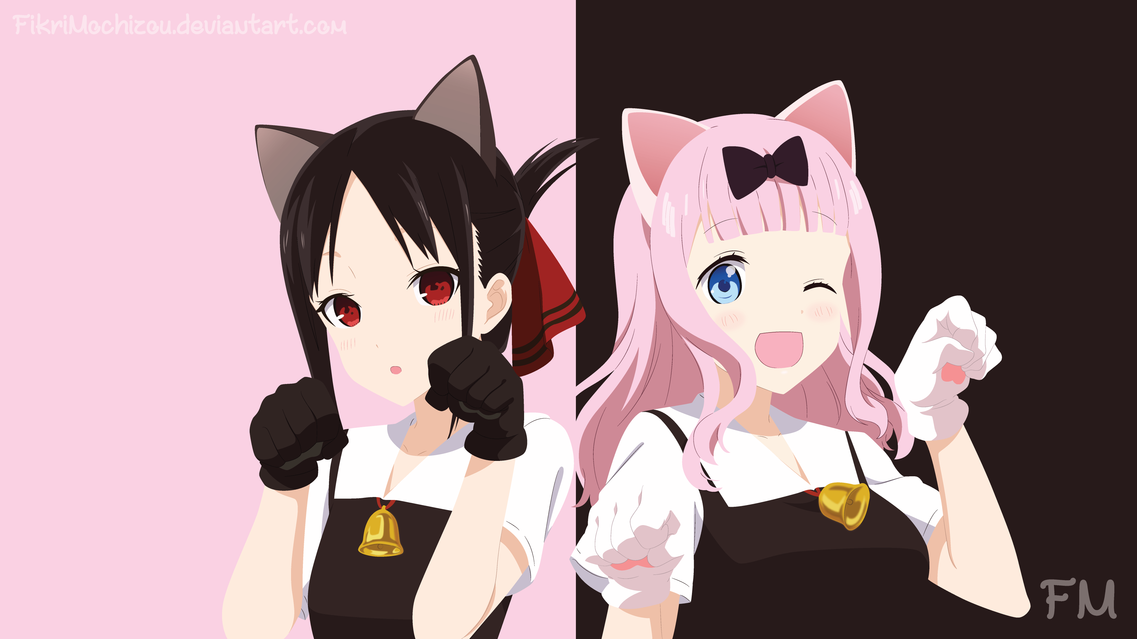 3840x2160 Bell Pink Hair Kaguya Sama: Love Is War Dark Hair Blue Eyes Anime Girls Red Eyes Kaguya Shinomiya Anime Animal Ears Chika Fujiwara (2021)
