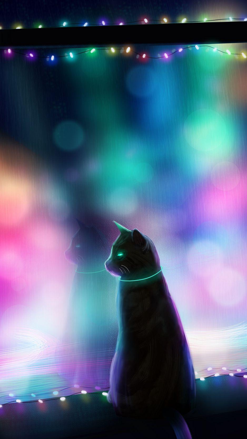 938x1668 Download Wallpaper 938x1668 Cat, Art, Garland, Window, Colorful Iphone 8 7 6s 6 For Parallax HD Background