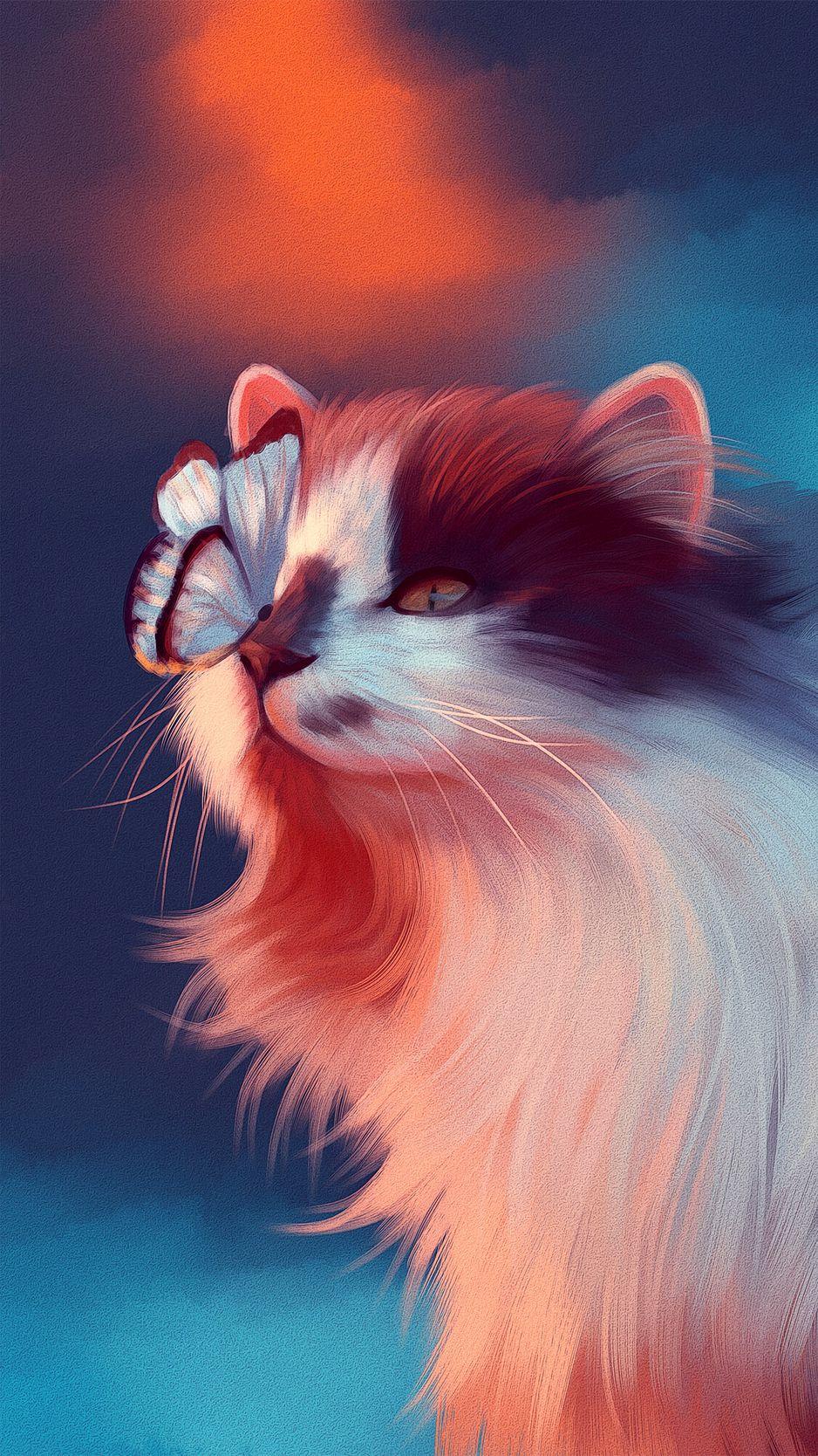 938x1668 Download Wallpaper 938x1668 Cat, Butterfly, Art, Fluffy, Cute Iphone 8 7 6s 6 For Parallax HD Background