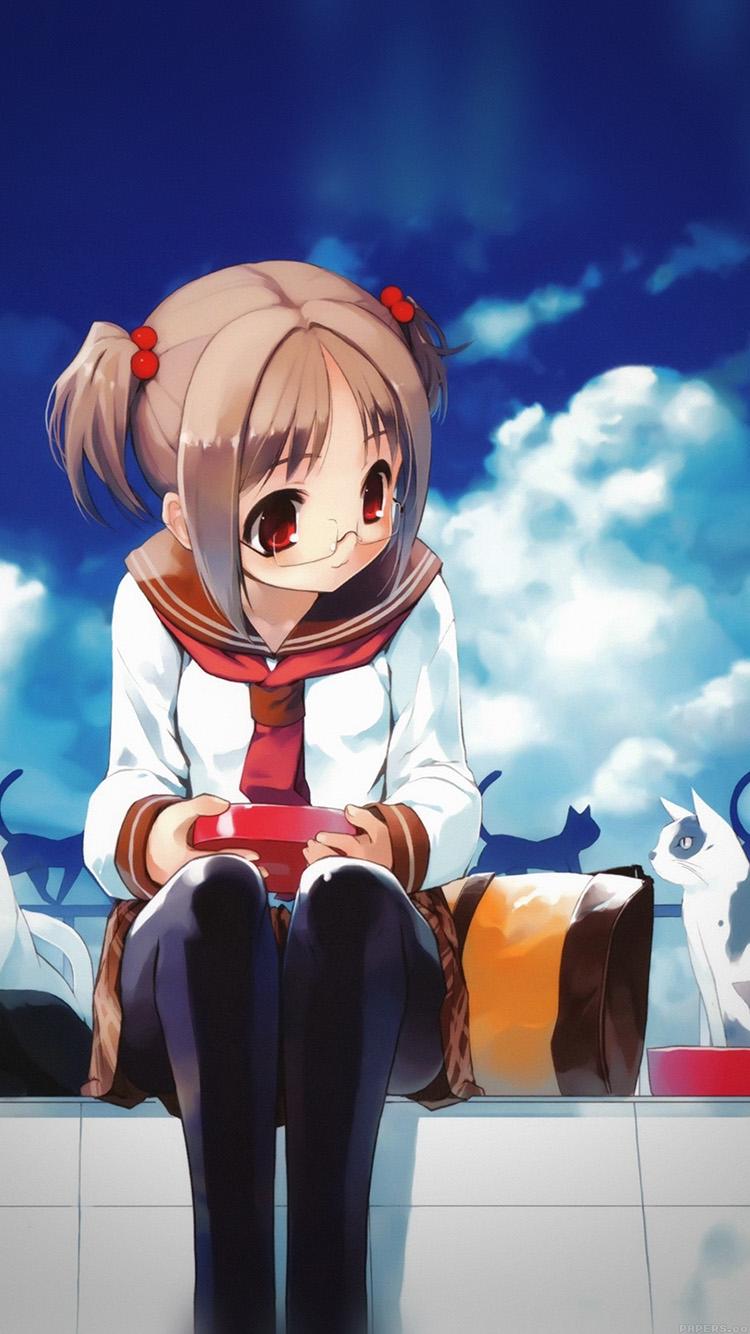 750x1334 Girl And Cat Anime Illust Art Blue Day
