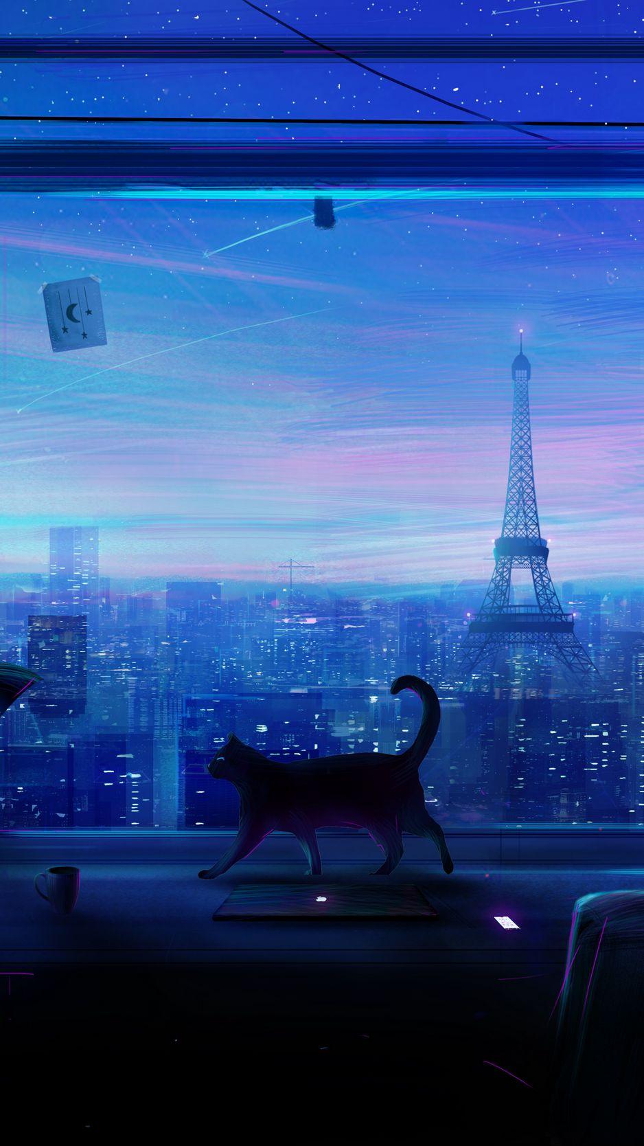 938x1668 Download Wallpaper 938x1668 Cat, Art, Window, City, View Iphone 8 7 6s 6 For Parallax HD Background