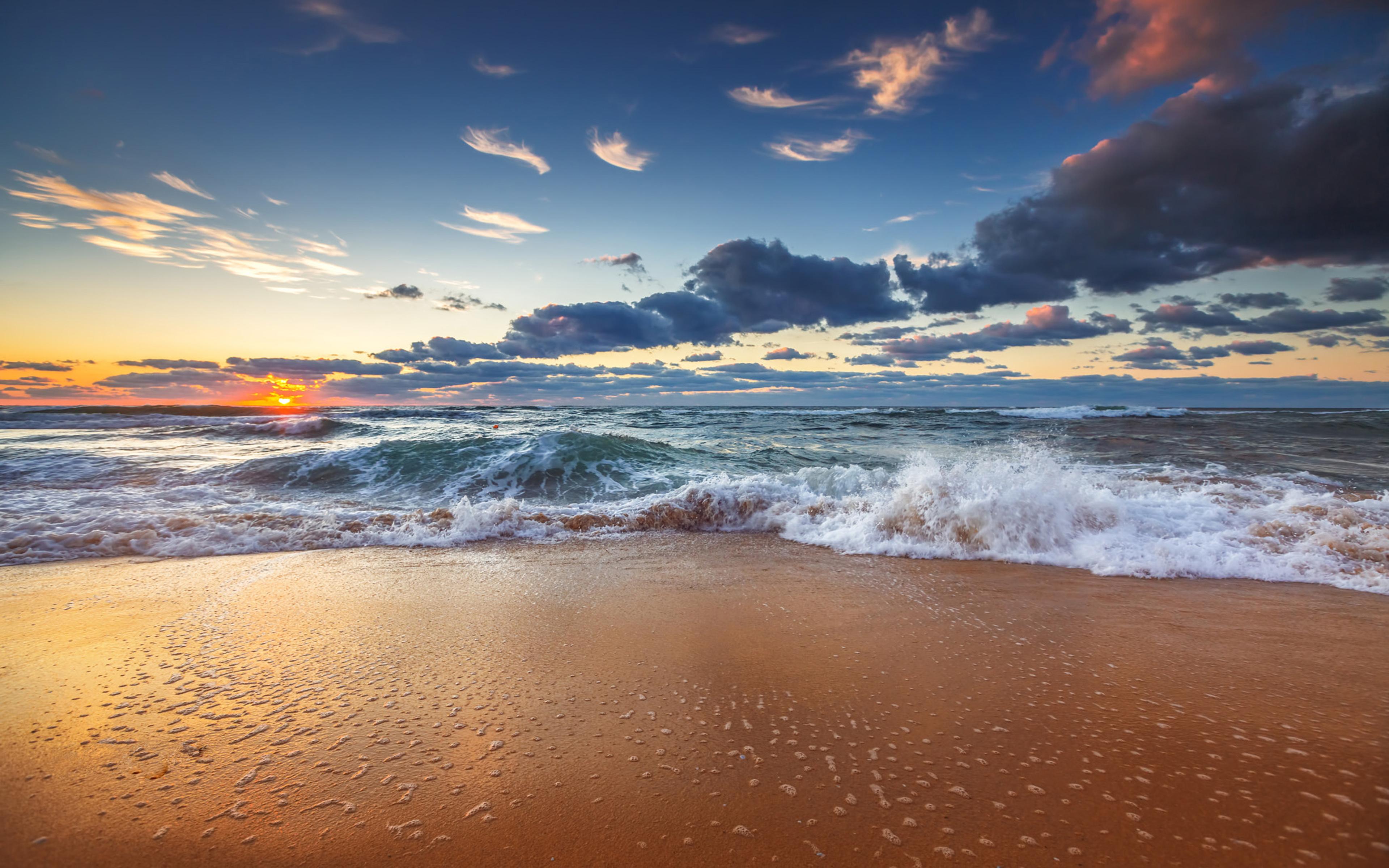 3840x2400 Sunrise Cloudy Weather Waves Red Sandy Beach Beautiful Landscape Wallpaper For Desktop Computers Laptop Tablet And Mobile Phones 3840x2400 :