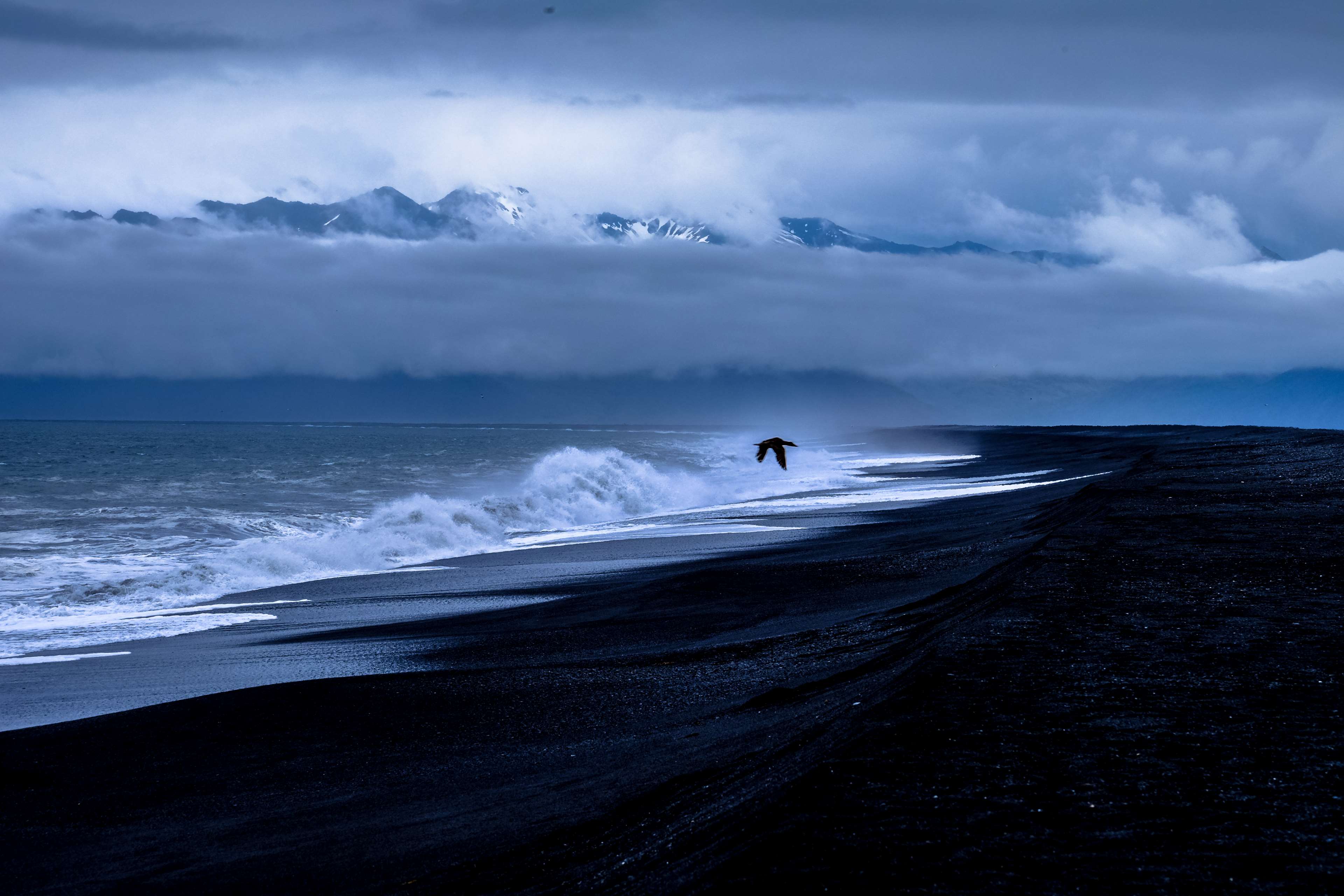 3840x2560 beach, bird, clouds, cloudy, dawn, dramatic, flying, gloomy, landscape, nature, ocean, sand, sea, seascape, seashore, sky, storm, summer, sunset, water, waves 4k wallpaper
