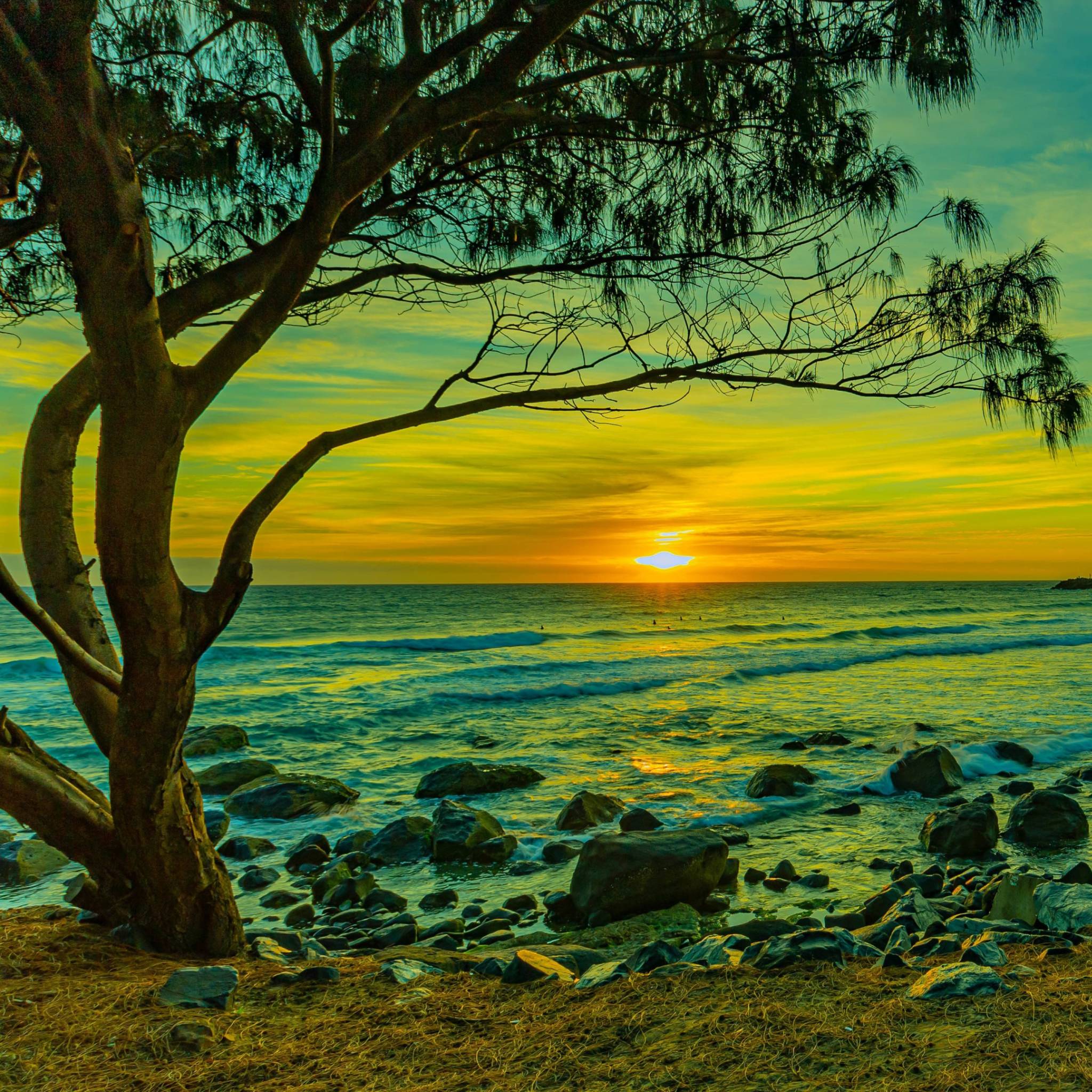 2048x2048 Beautiful Beach Sunset Under Blue Cloudy Sky iPad Air Wallpaper, HD Nature 4K Wallpaper, Image, Photo and Background