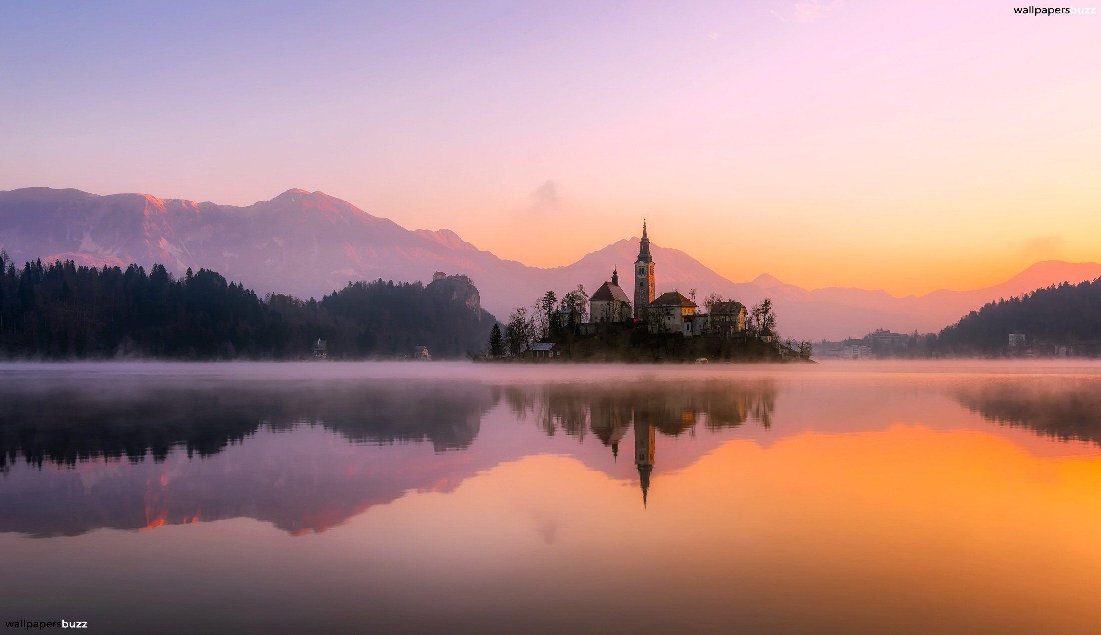 2200x1268 Bled Island in Slovenia at sunset HD Wallpaper