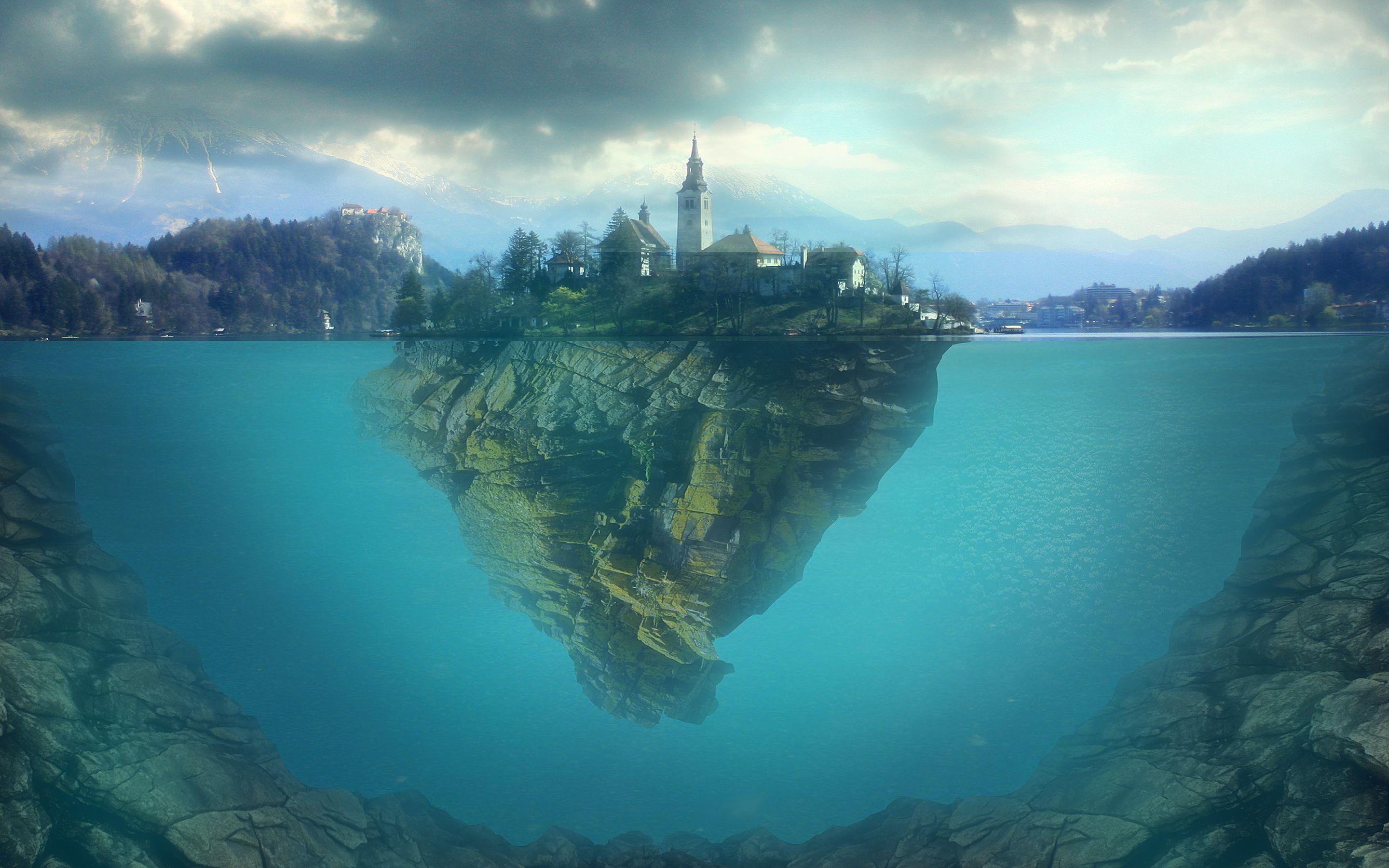 2880x1800 Download wallpaper Lake Bled, 3D art, underwater, Slovenia, Europe