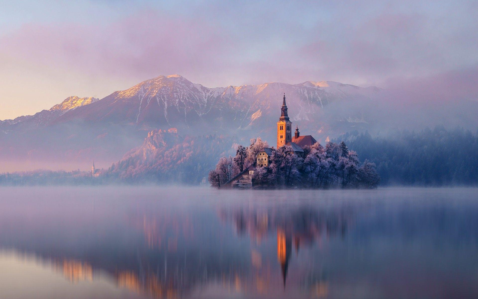 1920x1200 castle, Lake, Landscape, Mountain, Slovenia Wallpaper HD / Desktop