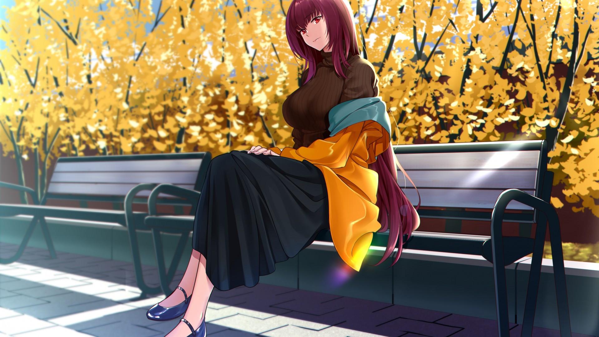 1920x1080 Download 1920x1080 Scathach, Fate Grand Order, Bench, Yellow Flowers, Purple Hair, Park, Pretty Wallpaper for Widescreen