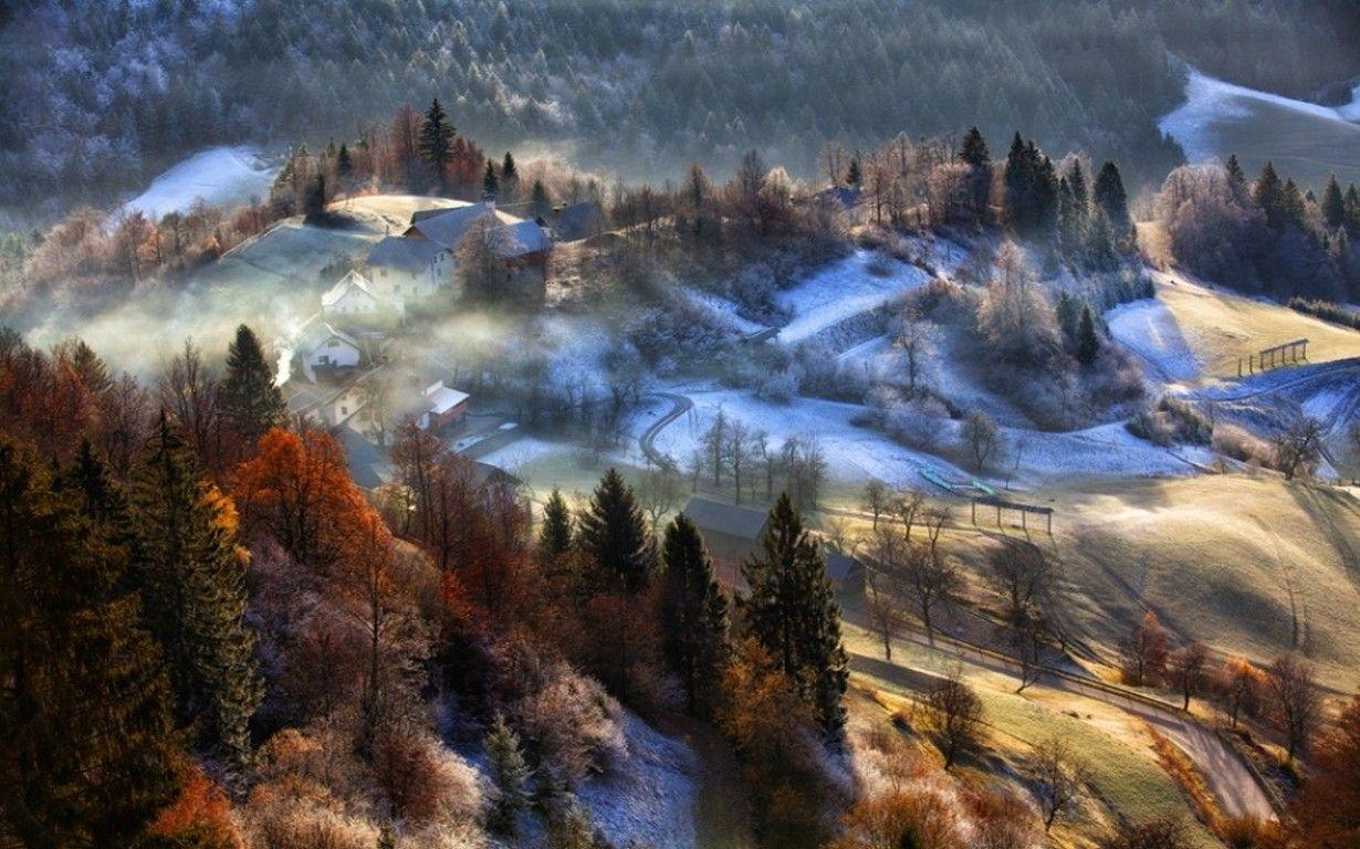1230x768 nature, Landscape, Mountain, Village, Trees, Fall, Sunrise, Snow