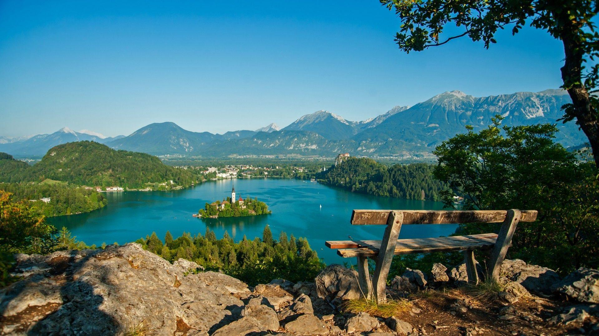 1920x1080 Lake Bled Mountains Tree Bench Bled Slovenia Wallpaper HD