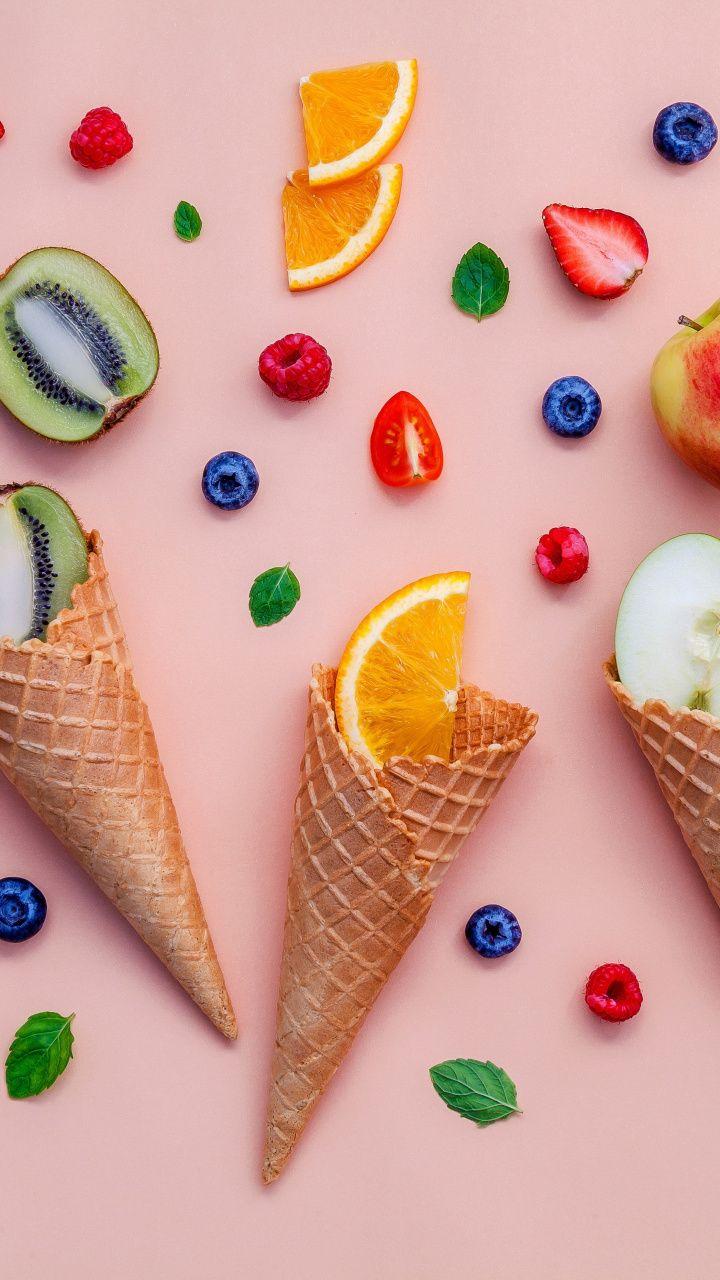 720x1280 Colorful, fruits, waffle cones, blueberry, strawberry, apple, raspberry, 720x1280 wallpaper. Fruit wallpaper, Candy background, Fruit