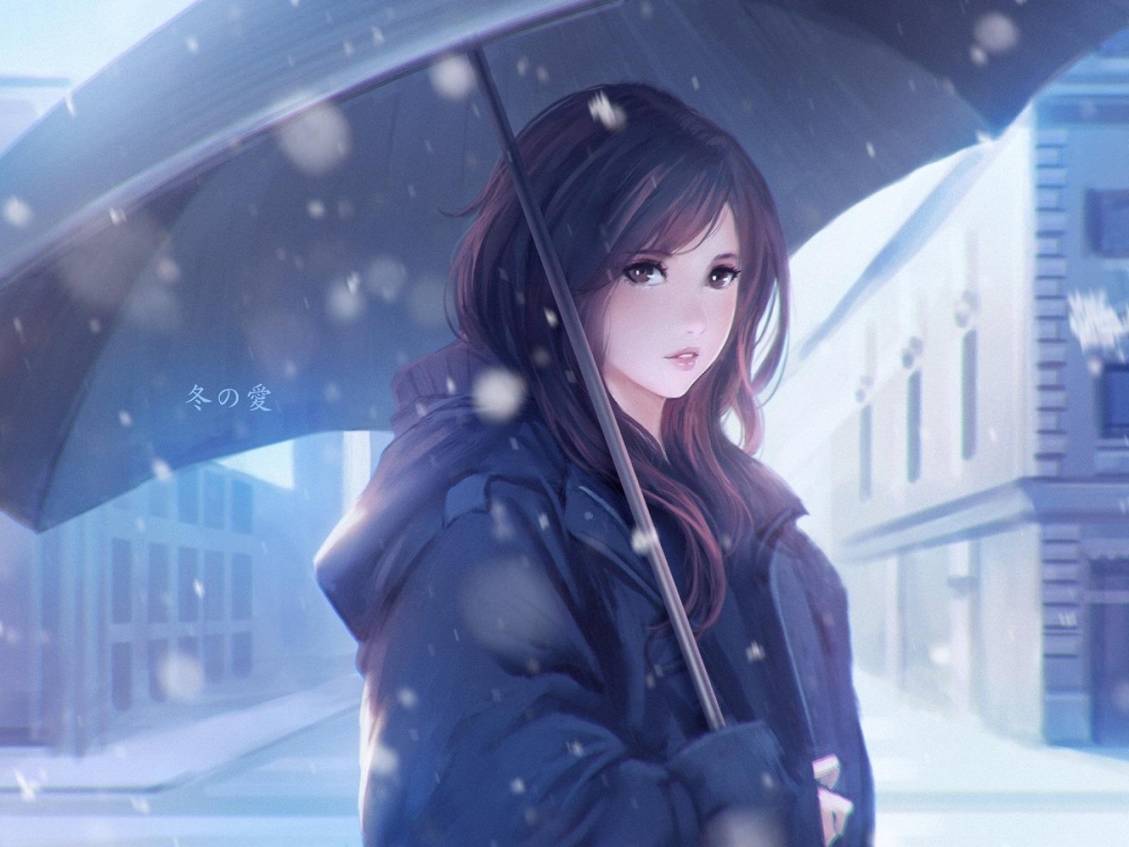 1600x1200 Winter Love Girl Umbrella Anime Character HD Wallpaper