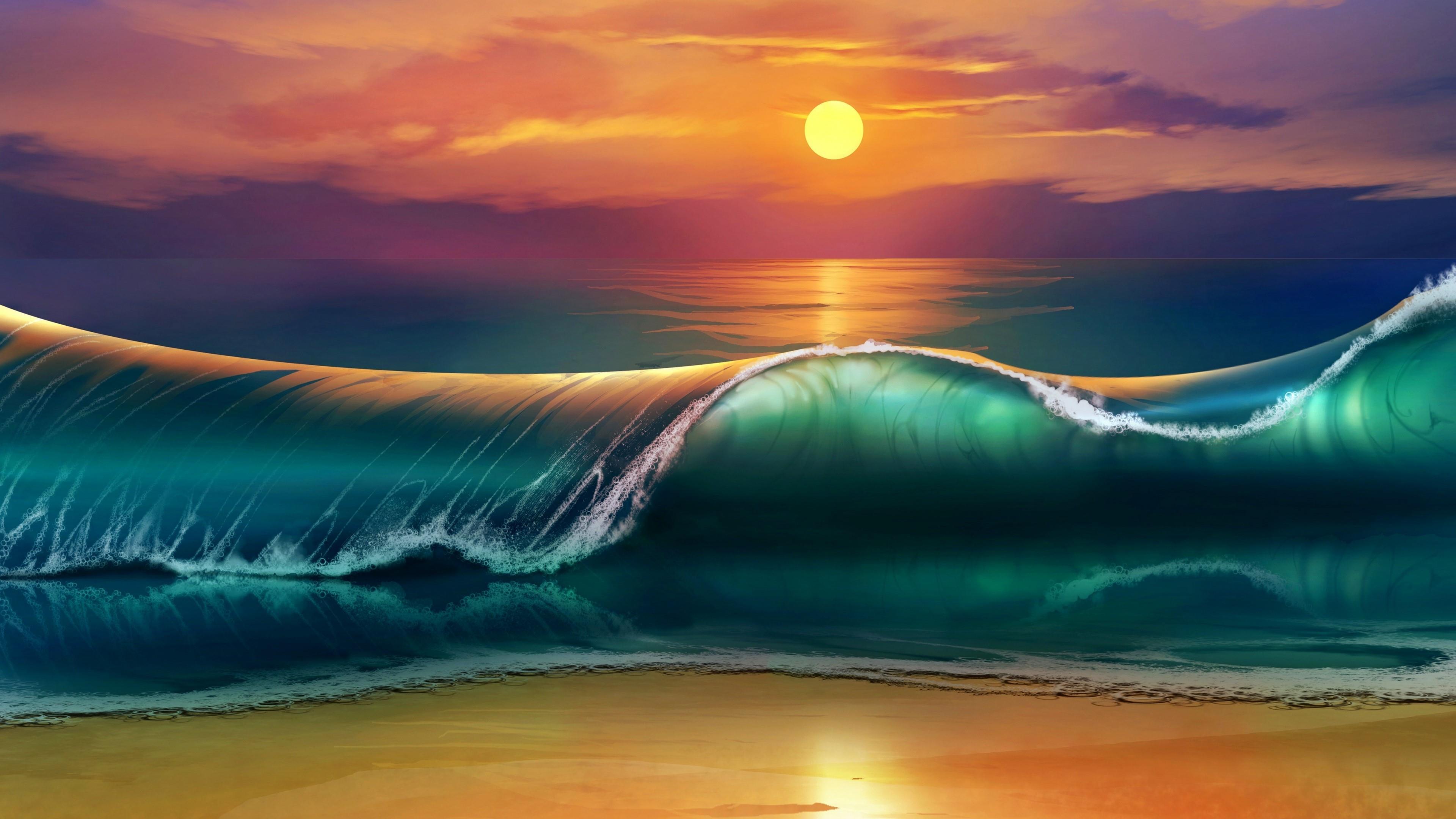 3840x2160 Sunset Beach Ocean Waves