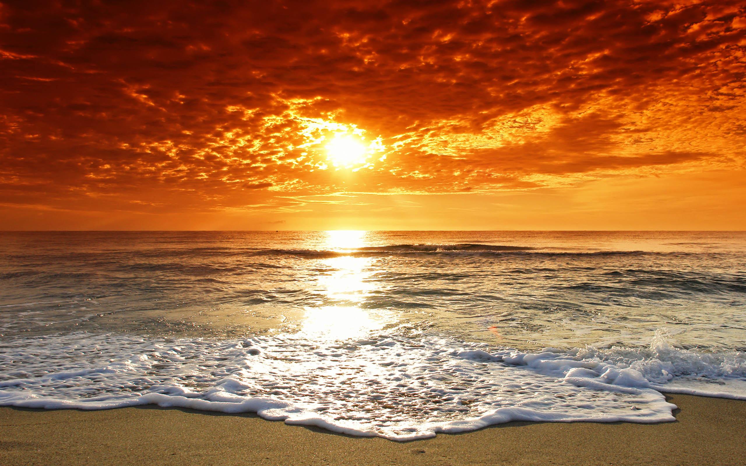 2560x1600 Beauty Orange Sunset Beach Ocean Waves Wallpaper HD :