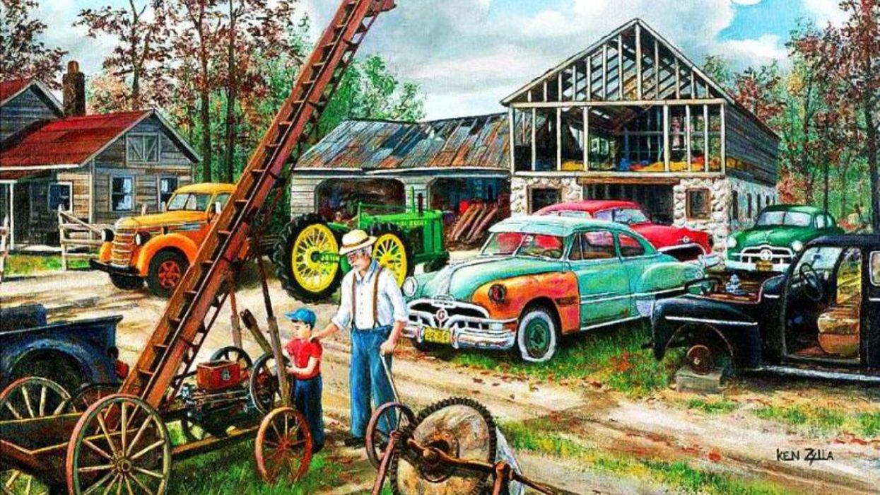 1245x700 JUNKYARD cars auto automobile classic retro artwork painting wallpaperx1440