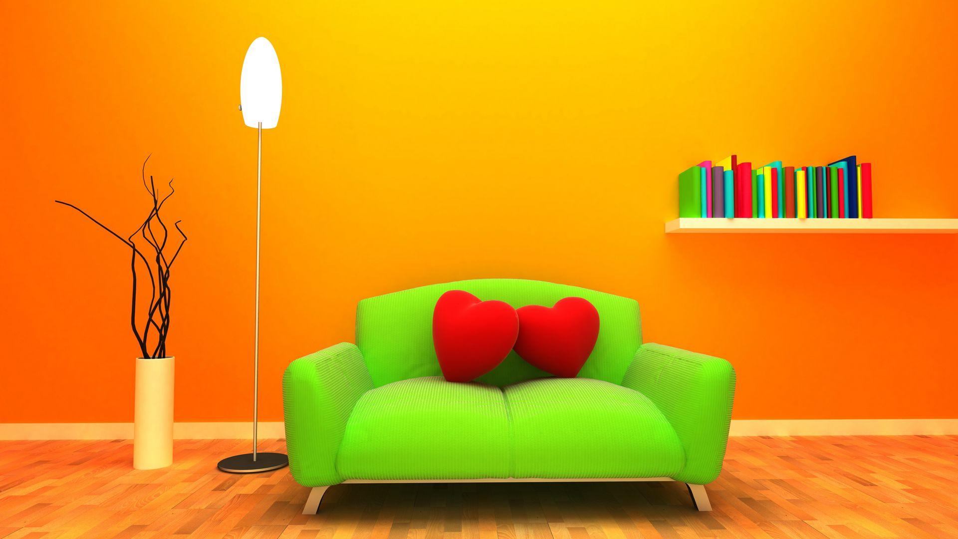 1920x1080 Sofa, Heart, Room, 3D, Graphics 4K Desktop Wallpaper Free Download