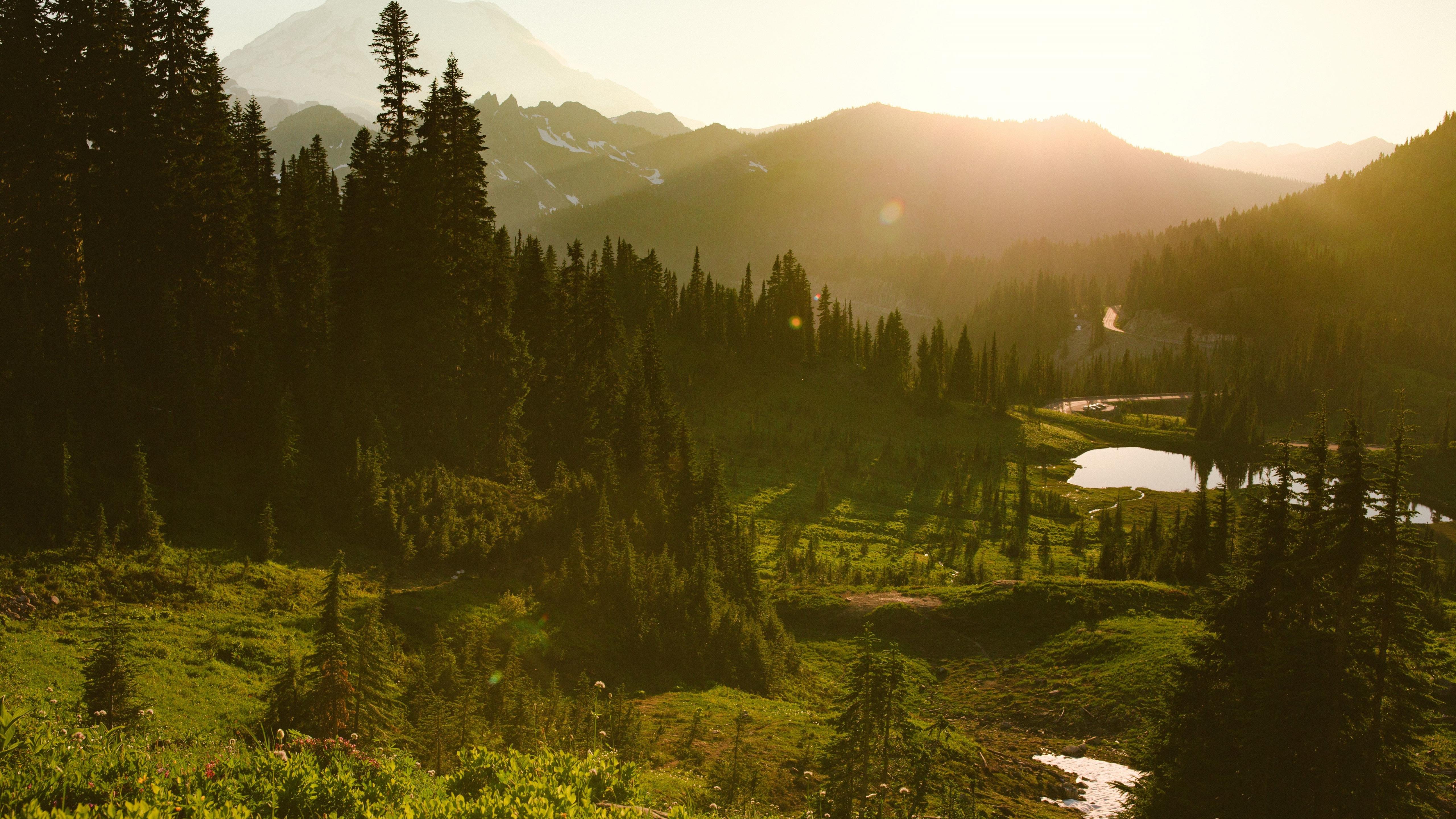 5120x2880 Download 5120x2880 wallpaper landscape, lake, green, sunrise, nature, 5k image, background, 18883