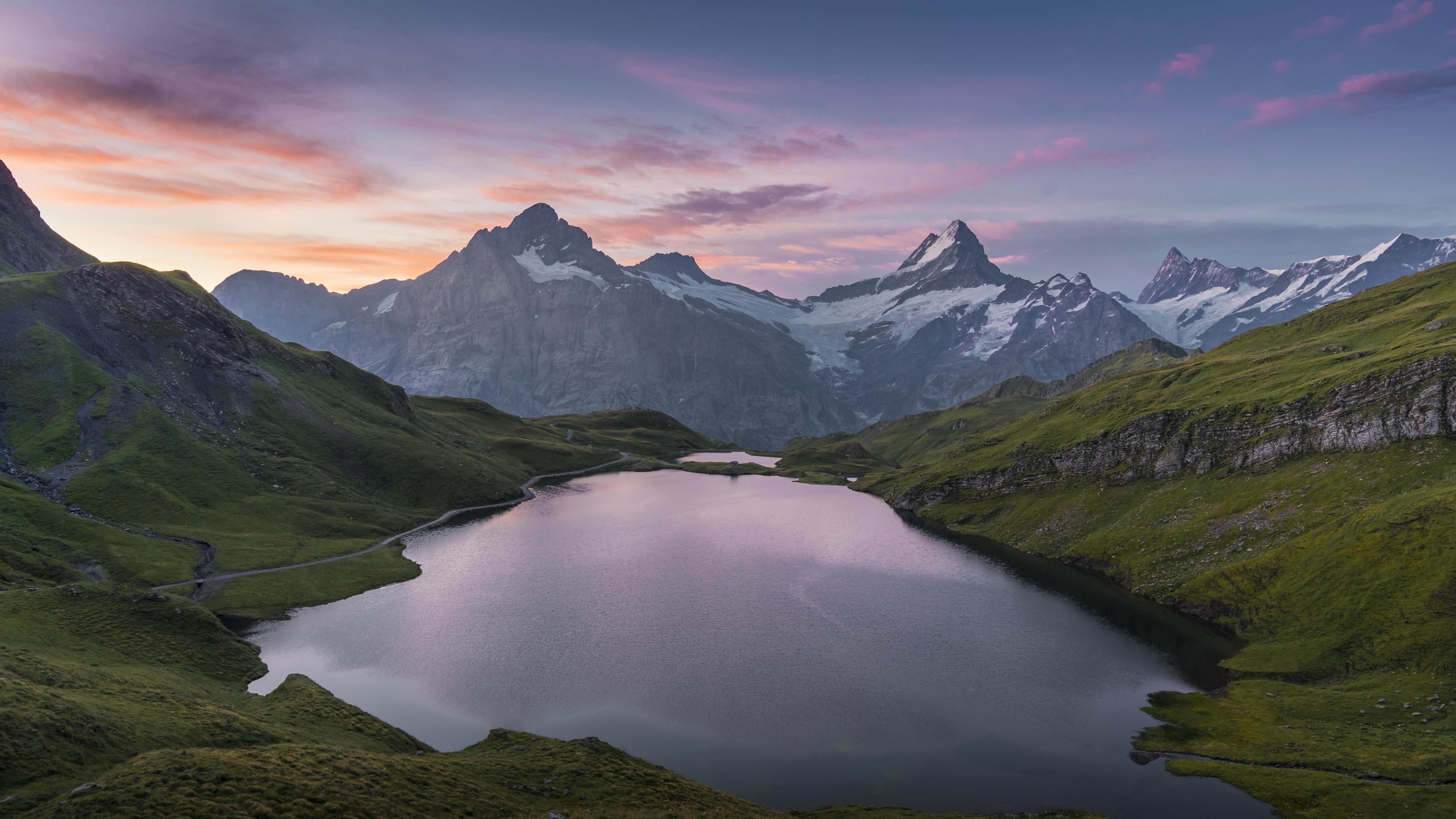 5120x2880 Download 5120x2880 mountains, nature, lake, green landscape, evening 5k wallpaper, 5120x2880 5k image, background, 26935