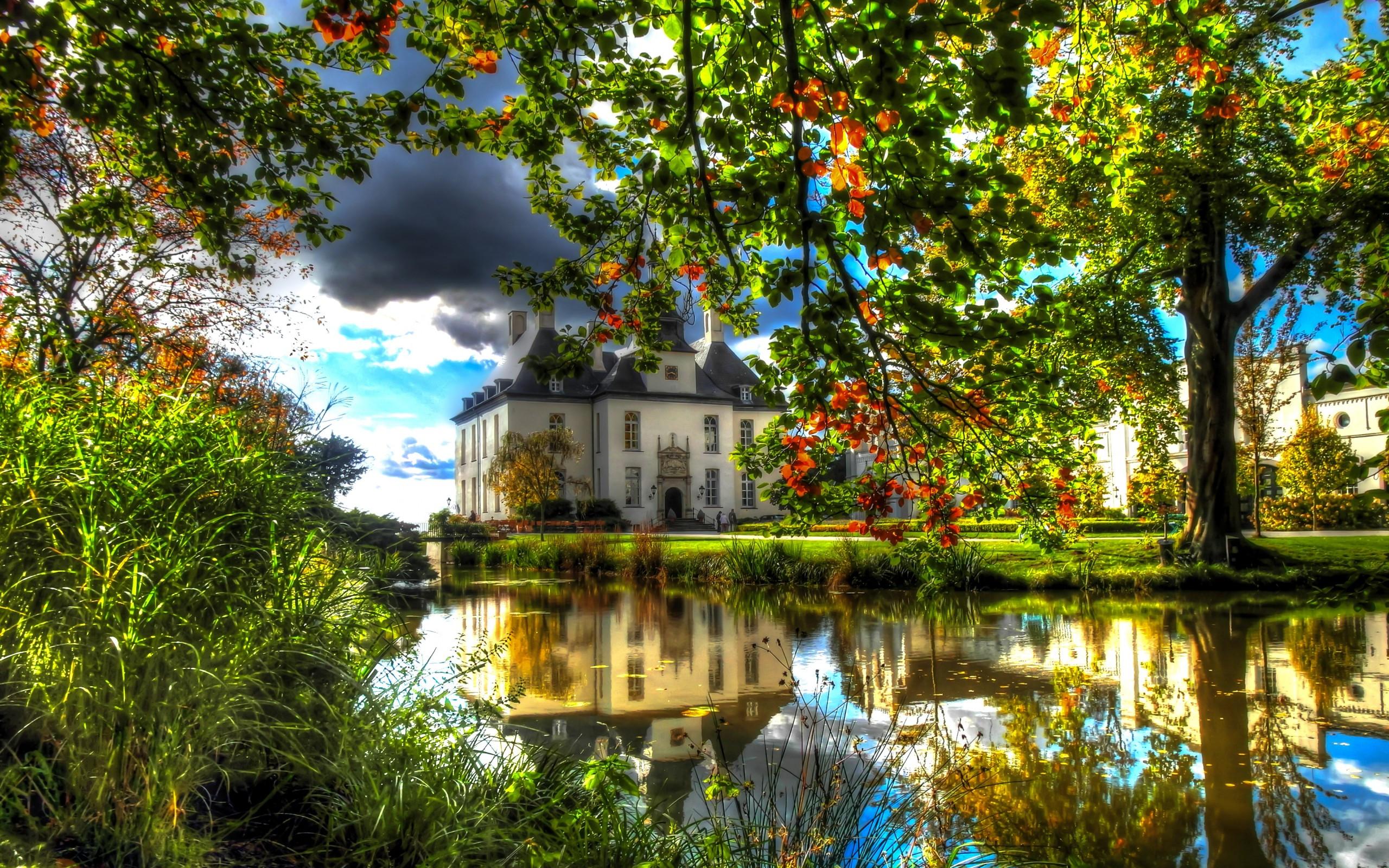 2560x1600 Download 2560x1600 Big House, River, Water Reflection, Like Fairytale Wallpaper for MacBook Pro 13 inch