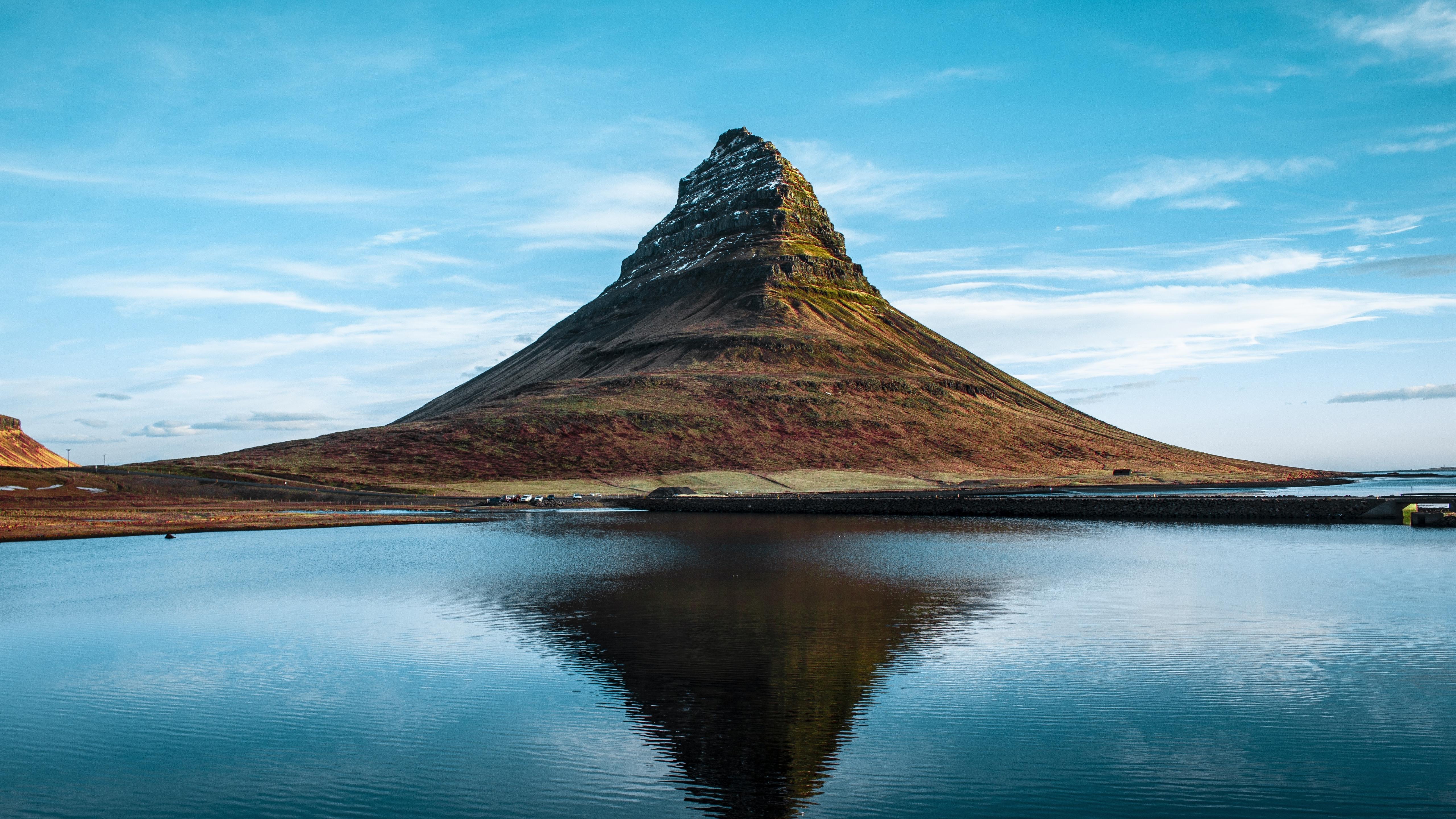 5120x2880 Download 5120x2880 wallpaper nature, kirkjufell, cliff, lake, reflections, iceland, 5k image, background, 17085