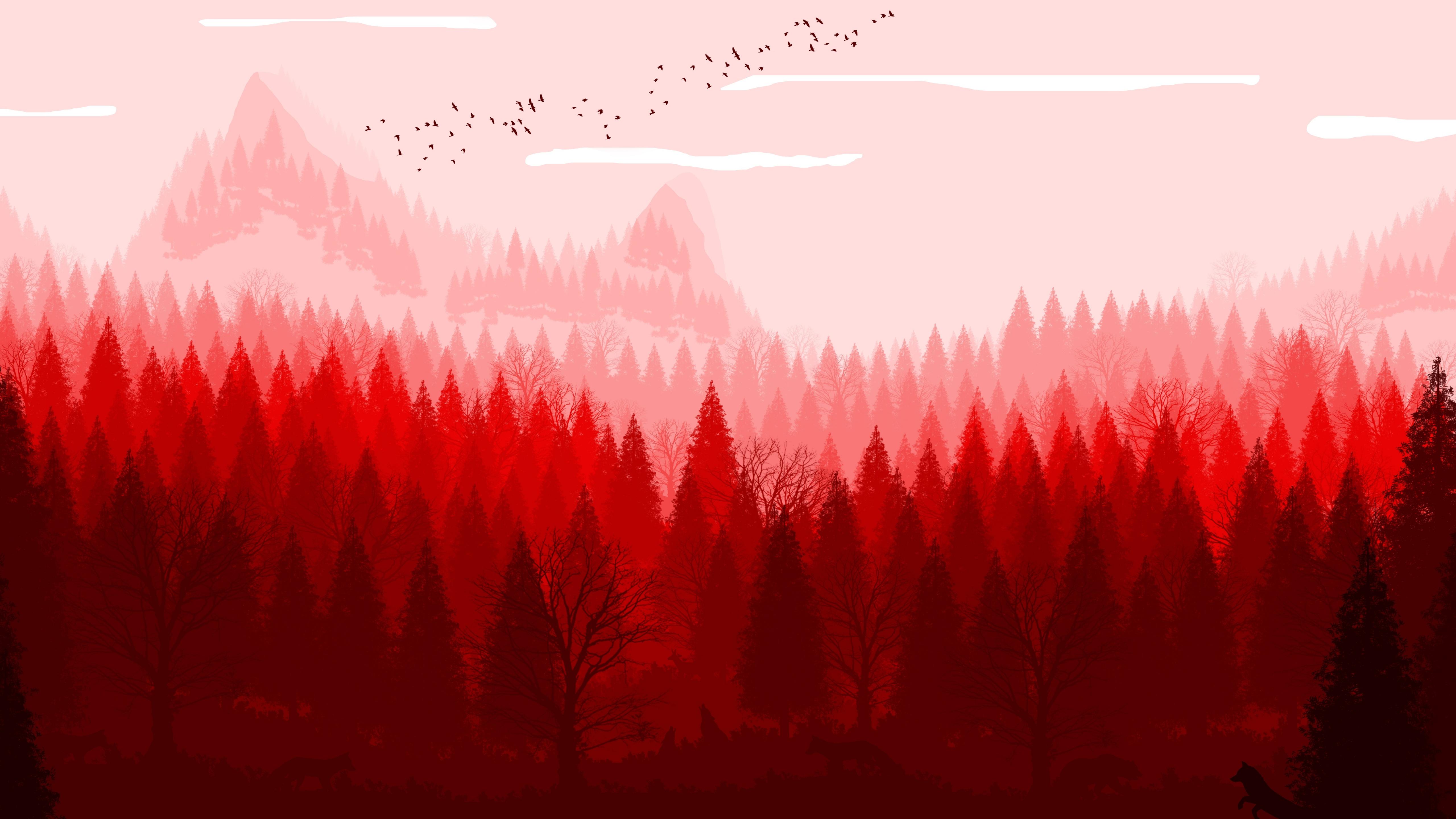 5120x2880 Download 5120x2880 wallpaper red forest, horizon, nature, art, 5k image, background, 19345