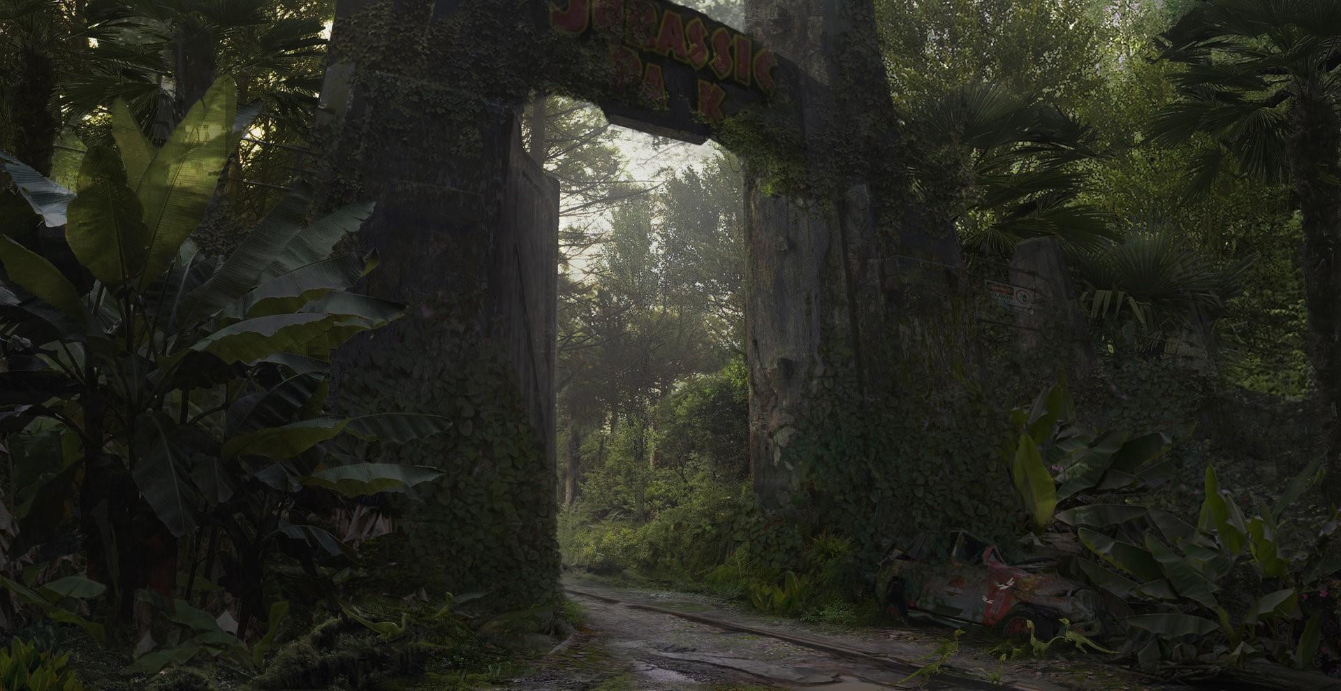 1920x989 gates, Isla Nublar, Jurassic Park, forest, fence, trees, plants, ruins, Jeep, moss, leaves, road. Mocah HD Wallpaper