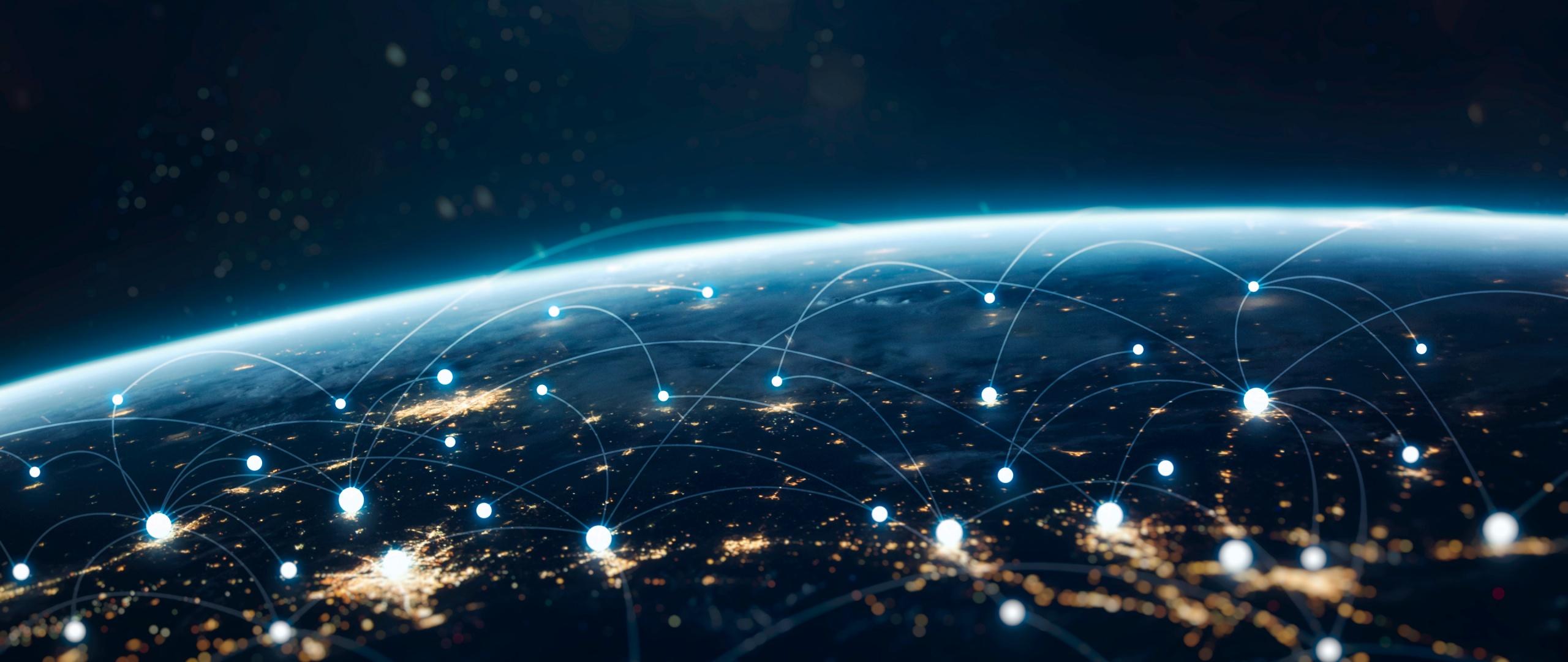 2560x1080 Network Wallpaper 4K, Connections, Earth, Lights, Blue, Horizon, Space