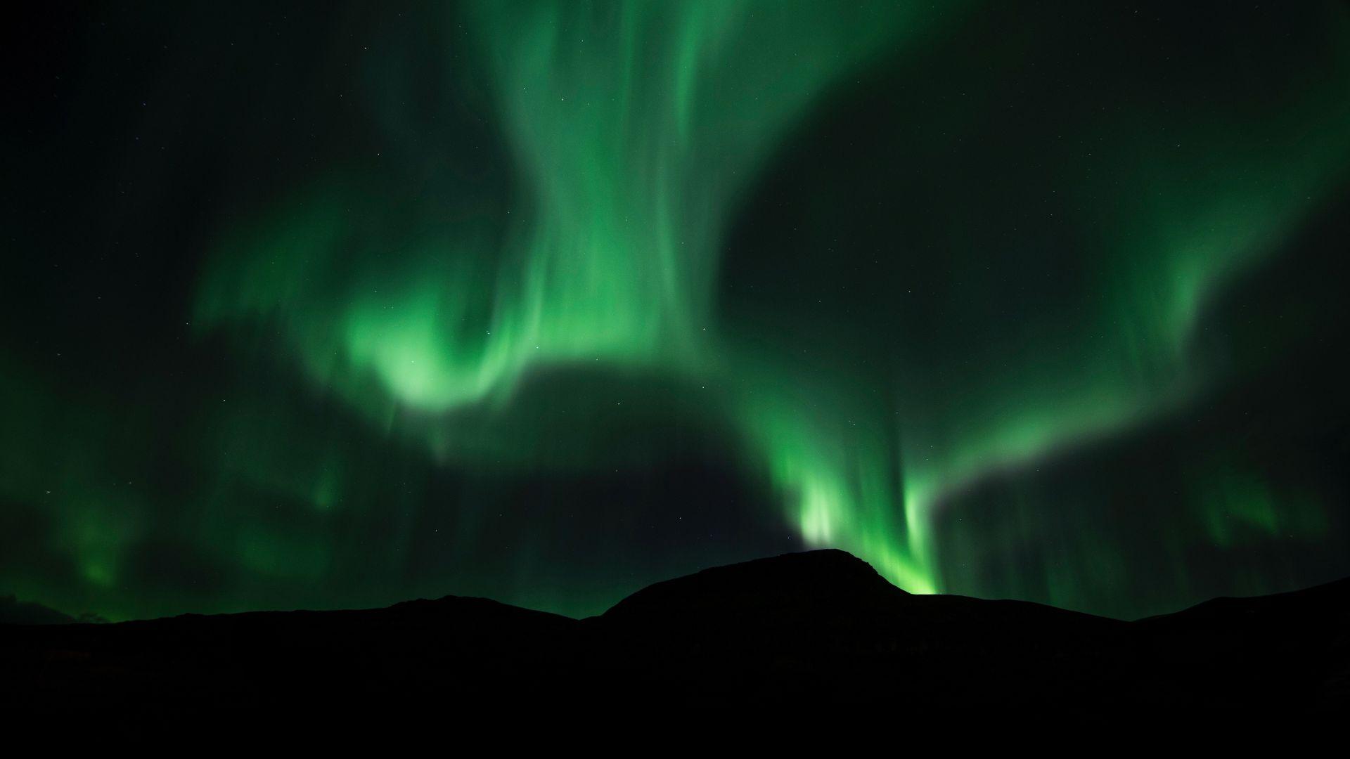 1920x1080 Desktop wallpaper sky, green lights, aurora borealis, silhouette, HD image, picture, background, acdfa0