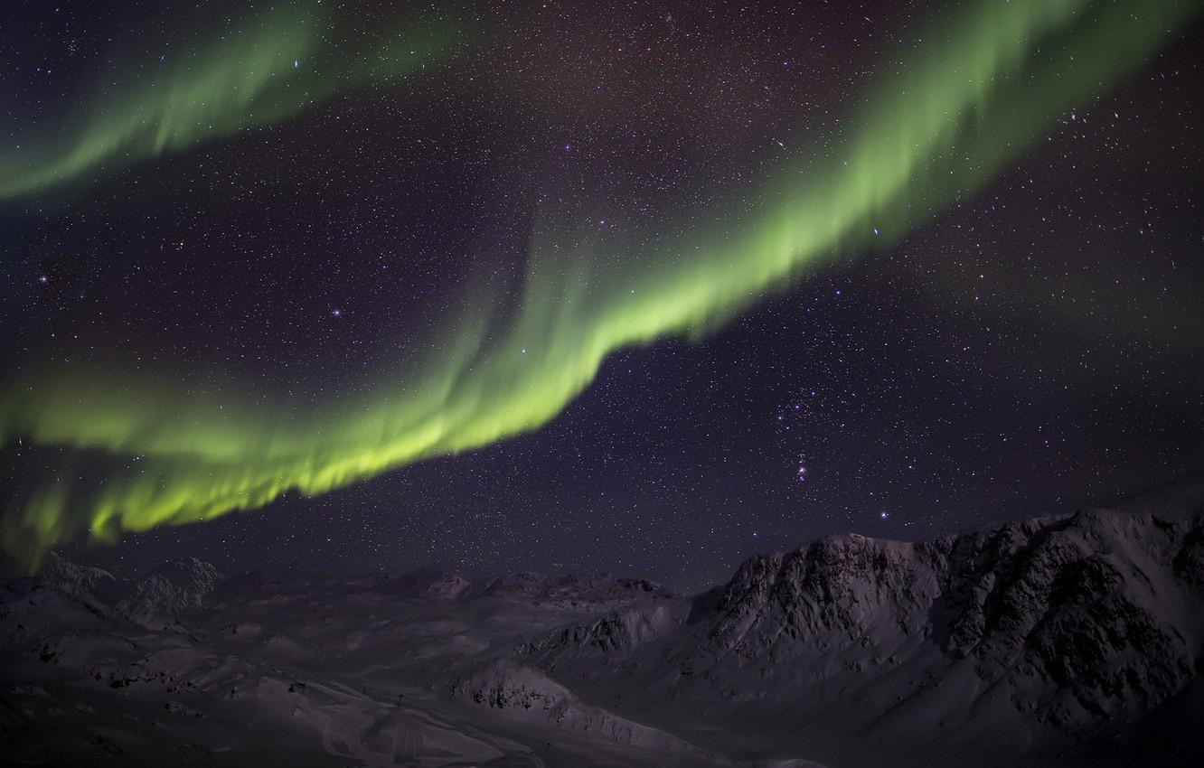 1332x850 Wallpaper winter, stars, snow, mountains, night, Northern lights, green, Aurora Borealis image for desktop, section пейзажи