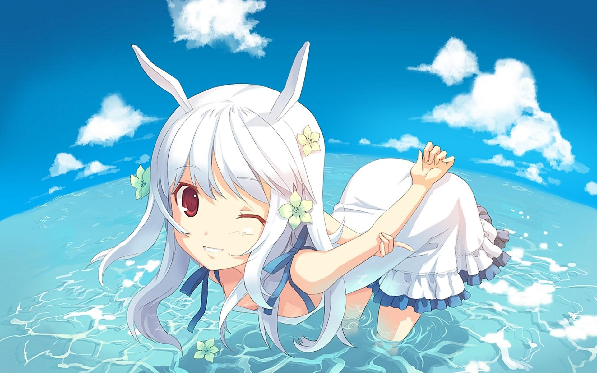 1920x1200 Anime, Girl, Animal, Flirt, Ears, Water, Blue, Sky wallpaper