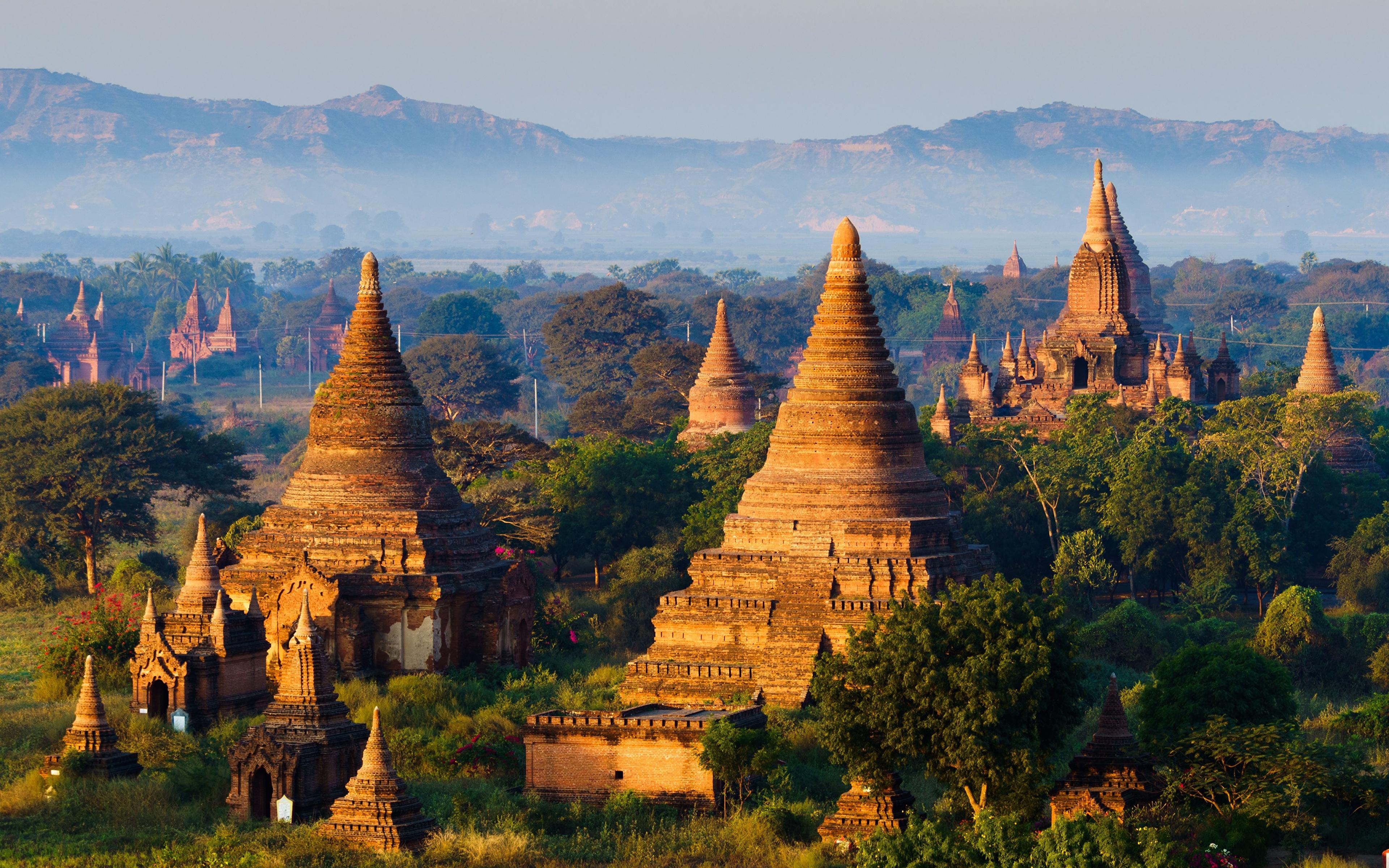 3840x2400 Desktop Wallpaper Bagan, Myanmar Fog temple Trees Cities 3840x2400