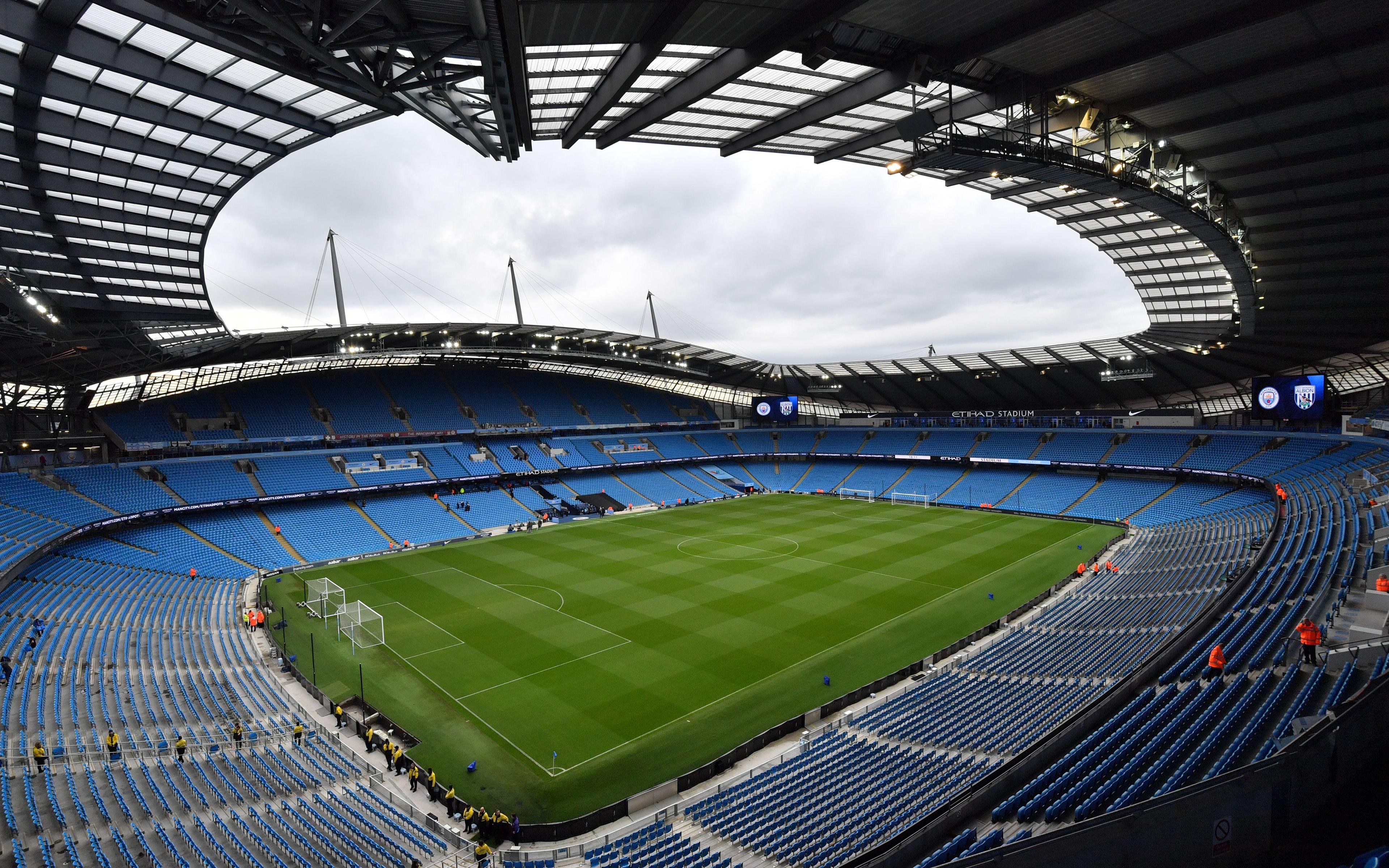 3840x2400 Download wallpaper Etihad Stadium, Manchester City, sports arena, football lawn, grandstands, Manchester, England, UK, 4k for desktop with resolution 3840x2400. High Quality HD picture wallpaper