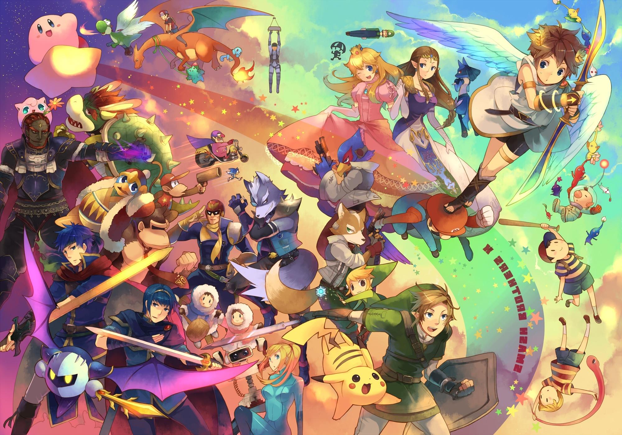 2000x1399 Wallpaper Pikachu, Zelda, Anime Crossover, Pikmin, Smash Brothers, Mario, Pokemon:2000x1399