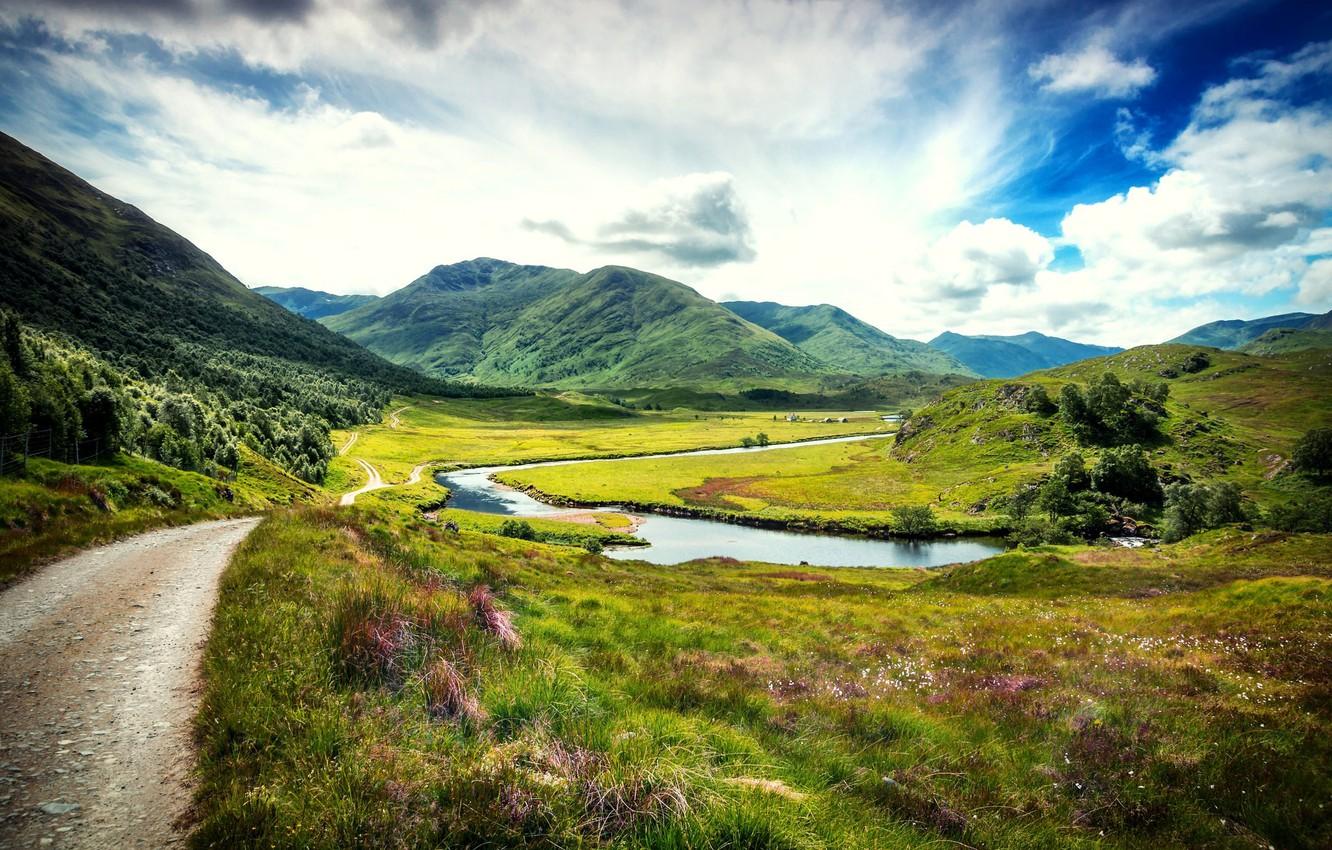 1332x850 Wallpaper road, greens, grass, clouds, trees, landscape, mountains, nature, lake, Scotland, UK, Scotland, Great Britain, United Kingdom, United Kingdom image for desktop, section пейзажи