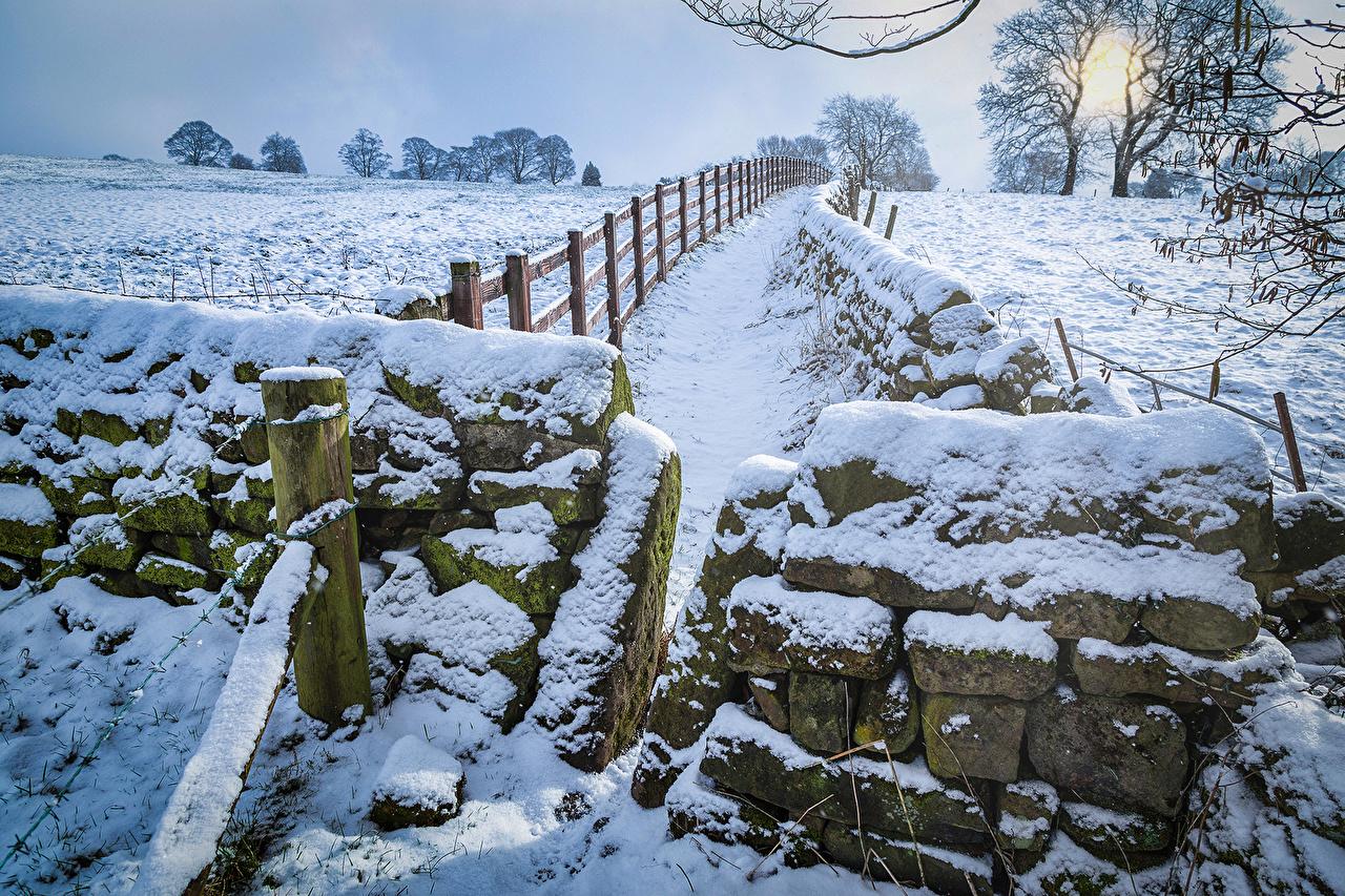 1280x853 Wallpaper United Kingdom Yorkshire Winter Nature Snow Fence Stones