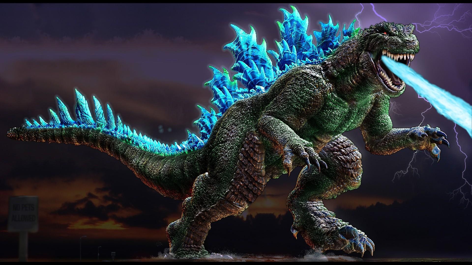 1920x1080 Godzilla Is Throwing Blue Flame Fire From Mouth With Background Of Lightning And Black Sky HD Movies Wallpaper