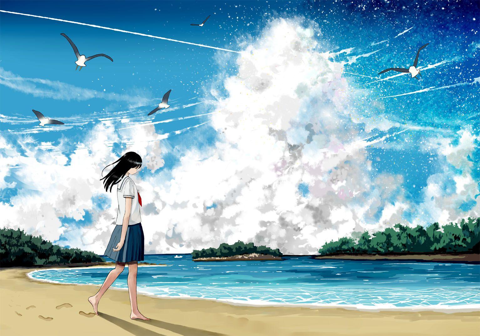 HD wallpaper Anime Original Bird Cat Cloud Fish Landscape Moon  Ocean  Wallpaper Flare