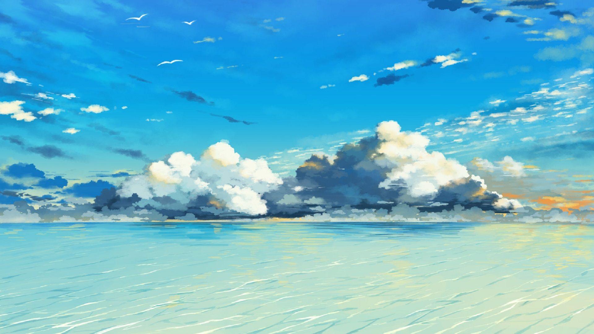 Ocean and clouds anime, manga scenery. 4K drawing of a cloudscape,  landscape. Colorful pink blue sea with cloud at dusk or dawn. Perfect  wallpaper or background. Cartoon like painting. Stock Illustration |