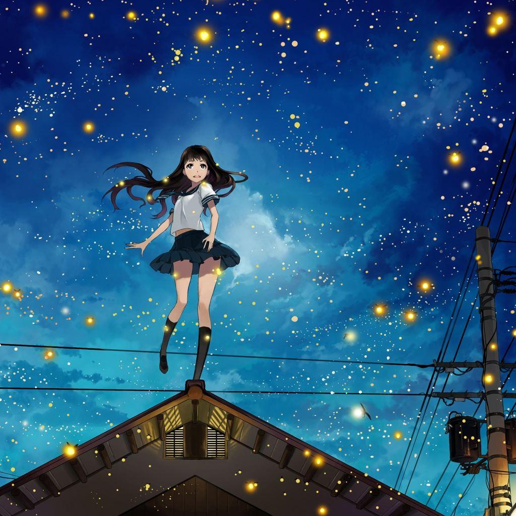 1024x1024 Anime Long Hair Girl In City Night iPad Wallpaper Free Download
