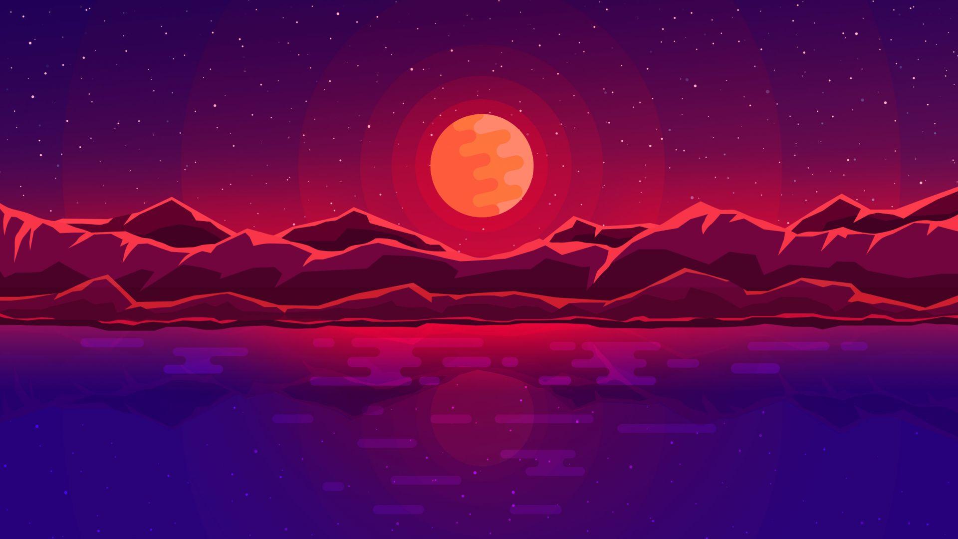 1920x1080 Desktop wallpaper moon rays, red space, sky, abstract, mountains, HD image, picture, background, 22daba