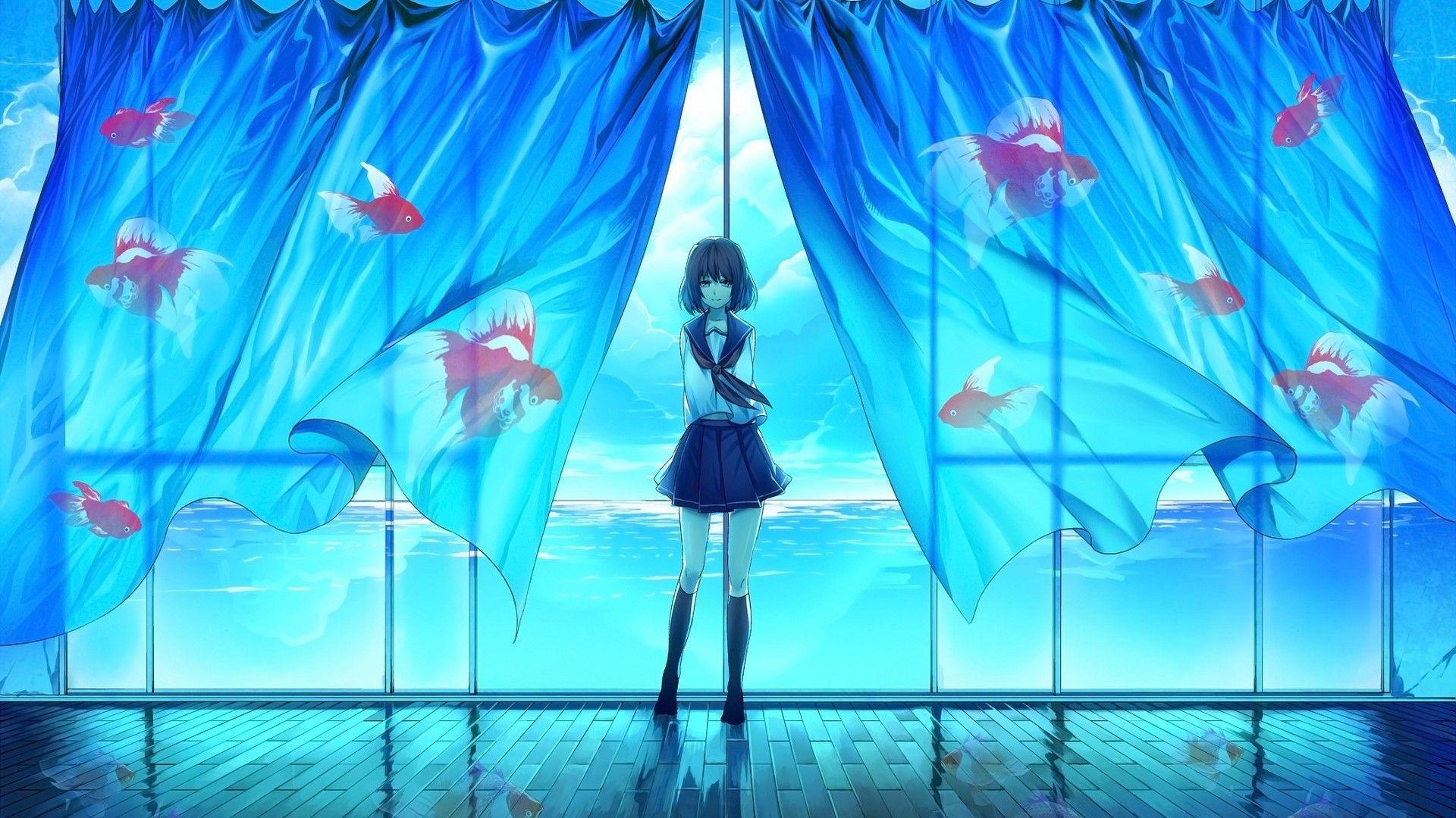 1920x1080 fish, school uniforms, curtains, anime girls, sea, upscaled