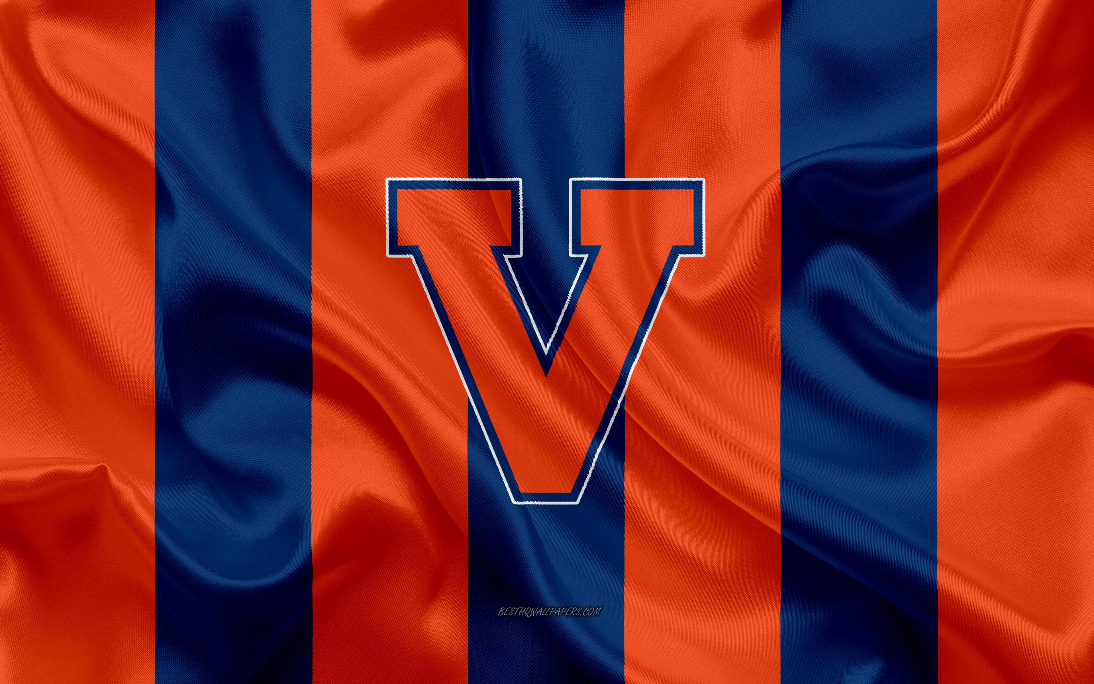 3840x2400 Download Wallpaper Virginia Cavaliers, American Football Team, Emblem, Silk Flag, Orange Blue Silk Texture, NCAA, Virginia Cavaliers Logo, Charlottesville, Virginia, USA, American Football, University Of Virginia For Desktop With Resolution 3840x2400